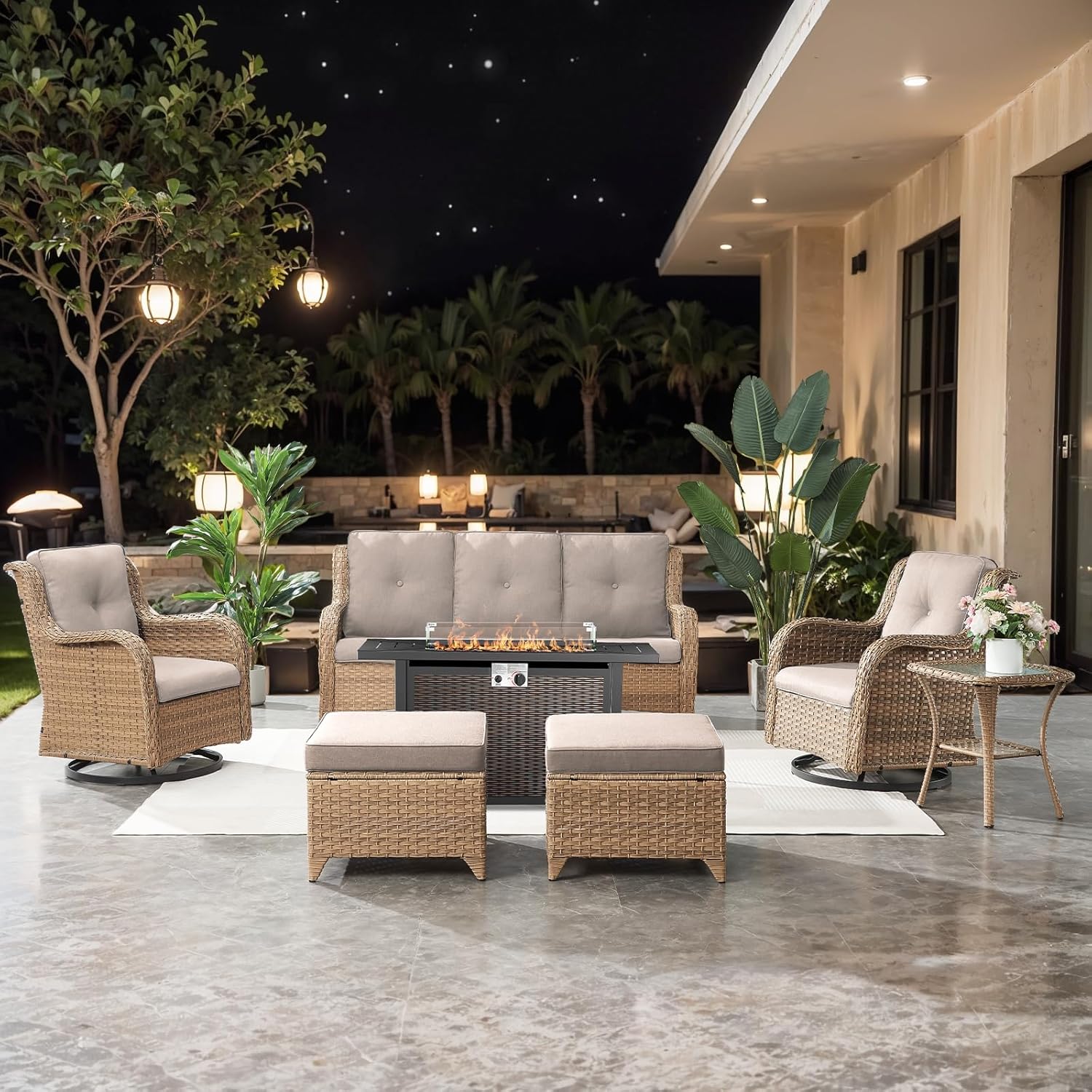 7 Pieces Patio Furniture Set with Fire Pit Table, Wicker Rattan Outdoor Furniture Set with Swivel Rocker Chairs for Yard, Deck, Garden, Yellow/Beige