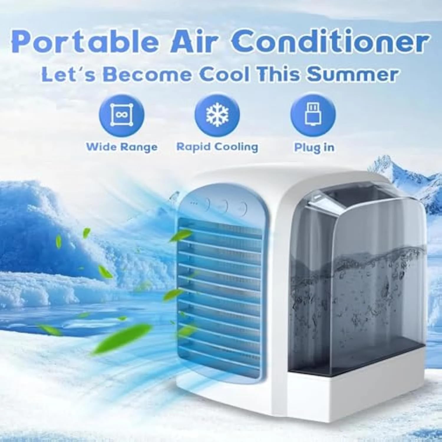 2025 Upgraded Portable Air Conditioner - 4-in-1 AC with Ice Mist Technology, 3 Speeds, 380ml Tank, Ultra-Quiet for Home, Office, Bedroom, Travel (Blue)