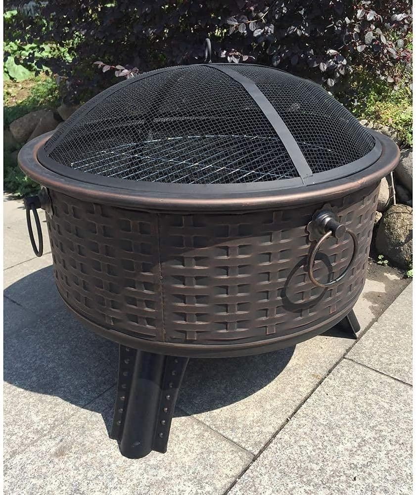 Garden Fire Pit Grill Bowl Grill Barbecue Rack Fire Pit,BBQ Grill Outdoor Fire Pit Round Steel Wood Burning with Spark Screen and Fire Poker for Backyard Patio Camping Deck