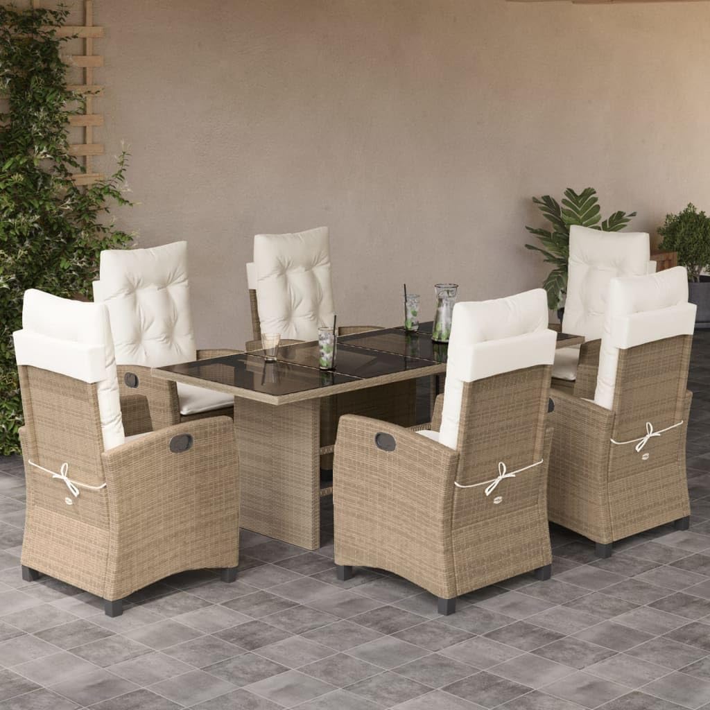 7 Piece Patio Dining Set with Cushions Beige Poly Rattan,Outdoor Dining Set with Adjustable Backrest and Comfortable Cushions for Garden Patio Furniture Sets for Patio, Lawn & Garden