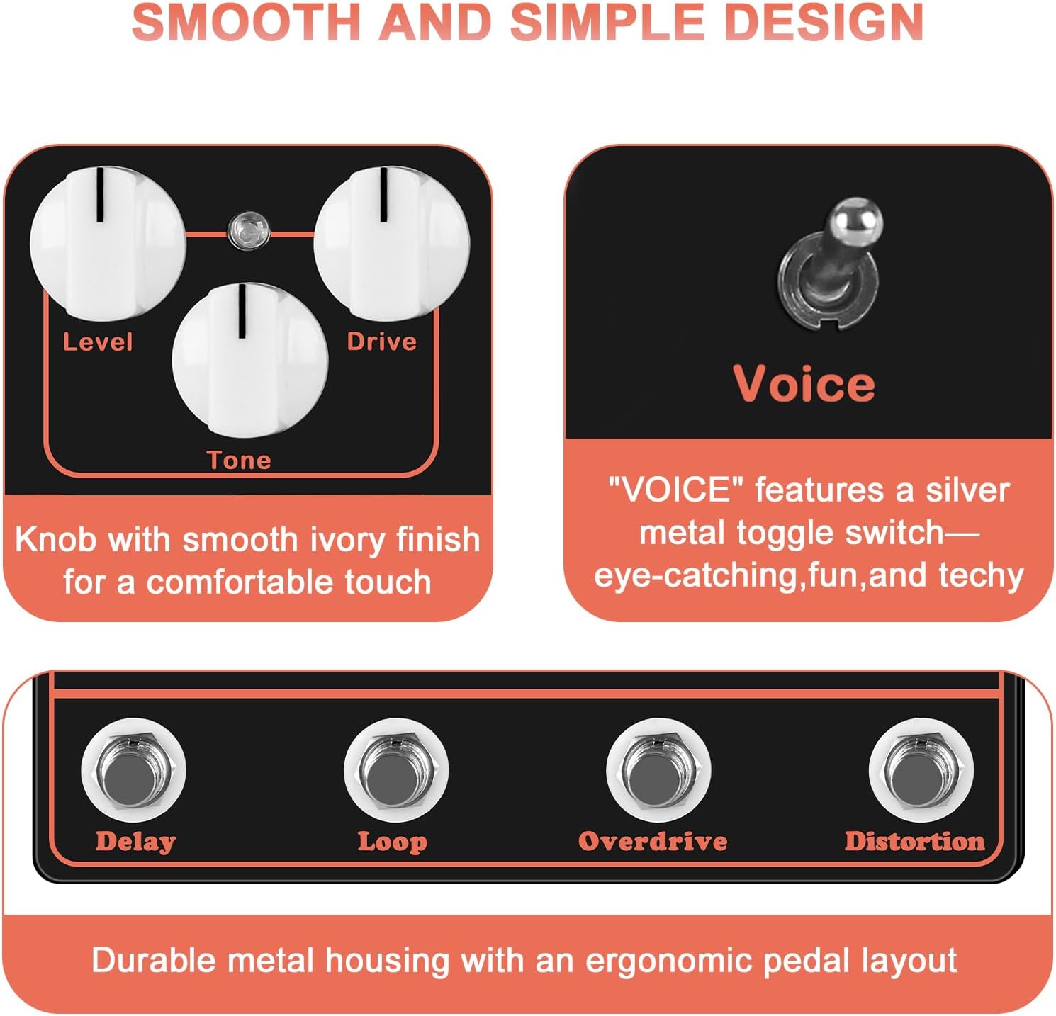 4-in-1 Music Synthesizer Guitar Effects Pedal – Distortion, Overdrive, Loop & Delay Multi-Effects Analogue for Electric Guitar, DC 9V
