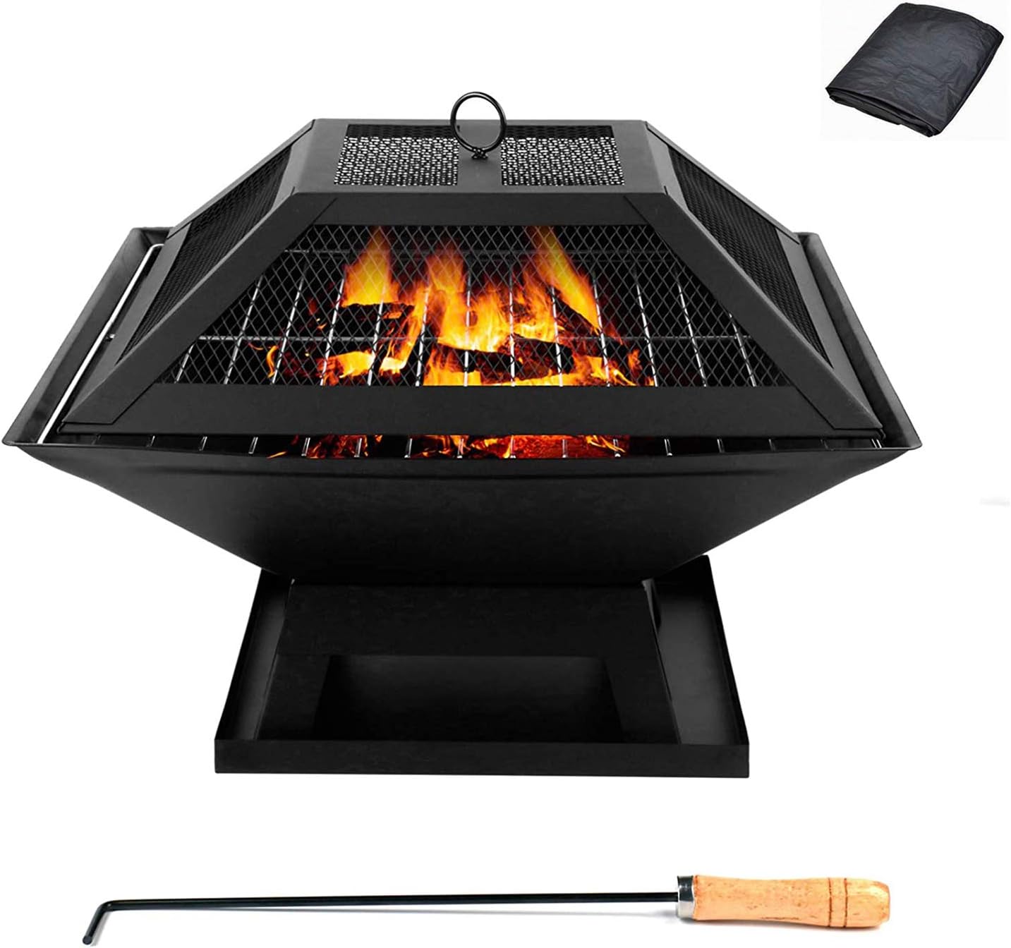 Fire Pit Portable Outdoor Fire Pits, Wood Burning Bonfire BBQ Firepit, with Spark Screen Fireplace Poker Firebowl