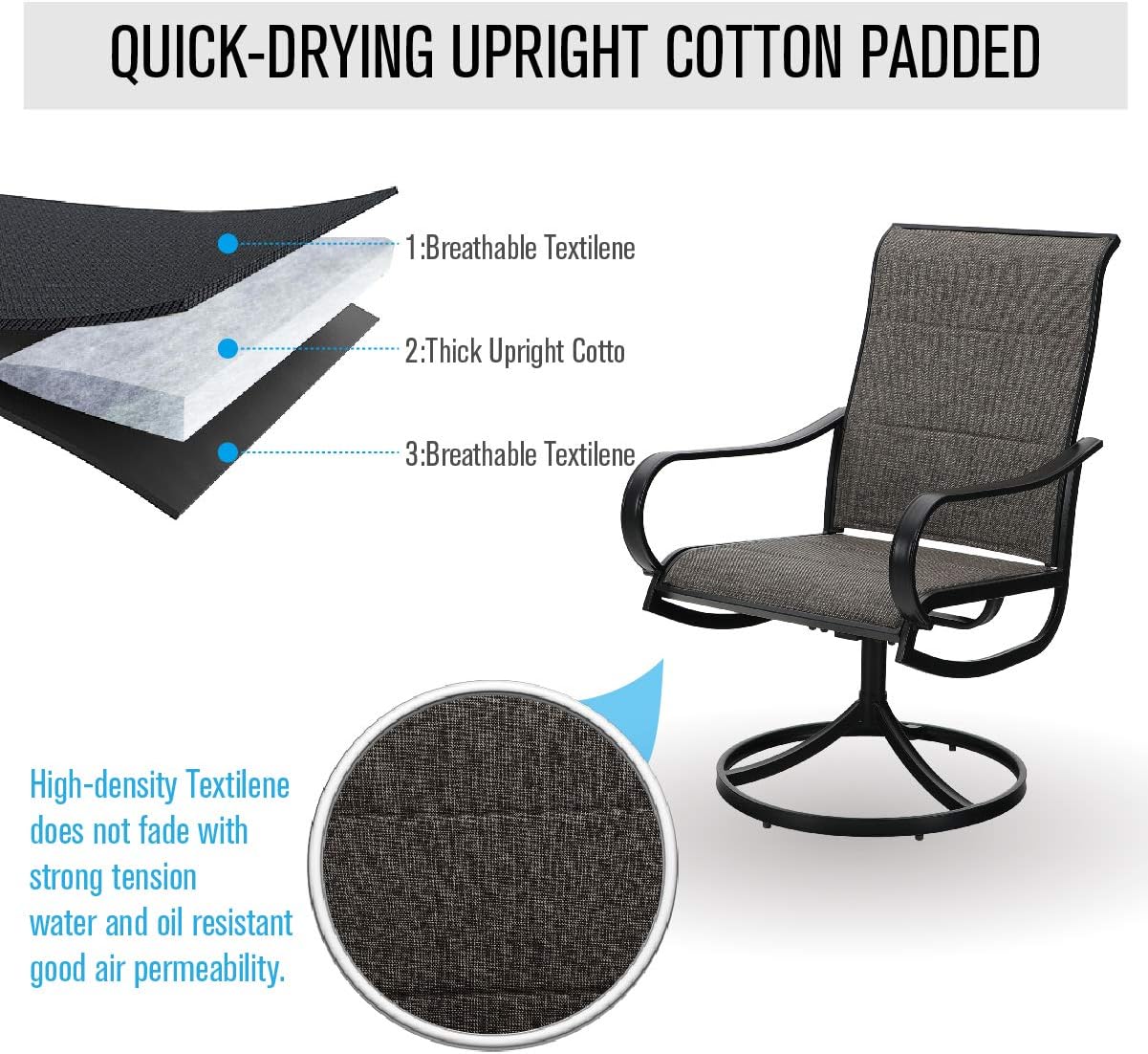 MFSTUDIO 5 Piece Outdoor Patio Conversation Furniture Fire Propane Pit Set，4 Textilene Quick Dry Foam Padded Swivel Chairs and 28 inch Steel Striped Square Fire Table for Patio, Porch, Backyard,Black