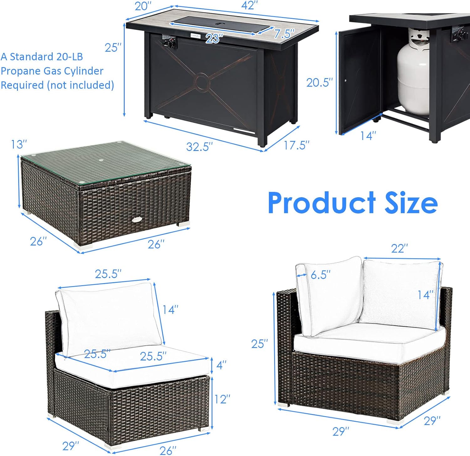 COSTWAY 6 Piece Patio Furniture Set with 42'' Fire Pit Table, Outdoor Wicker Rattan Sectional Conversation Set with 4'' Thickened Cushions, Armless Sofa and Side Coffee Table for Backyard (Navy)