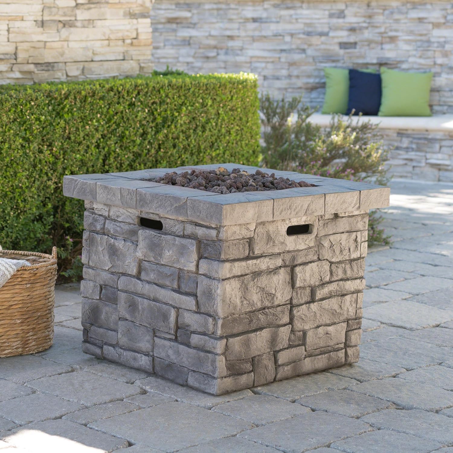 Roomfitters Square Outdoor Fire Pit Table with Stone-Look Magnesium Oxide Base, Stylish and Functional Patio Accessory, Gray