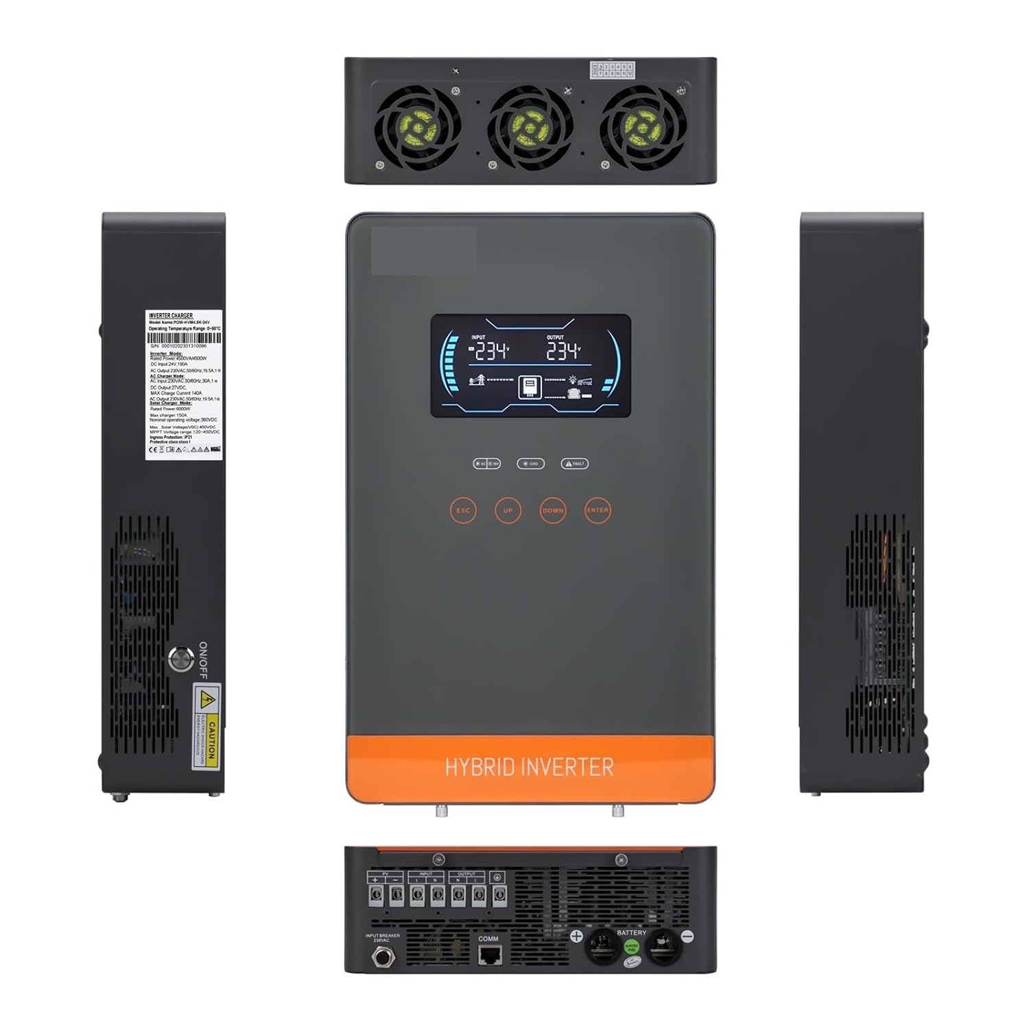 Solar Controller, 4500W 6500W Hybrid Solar Inverter 24V 48V 230VAC Off Grid Inverter with MPPT 150A Solar Charr 6.25 Inch Touch Button(4500W 24V,with WiFi)