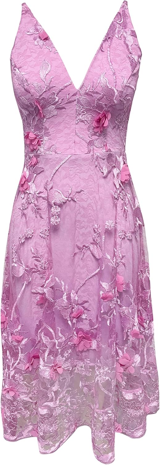 Dress the Population Women's Audrey Spaghetti Strap Midi A-line 3D Floral Dress, Lavender, XS