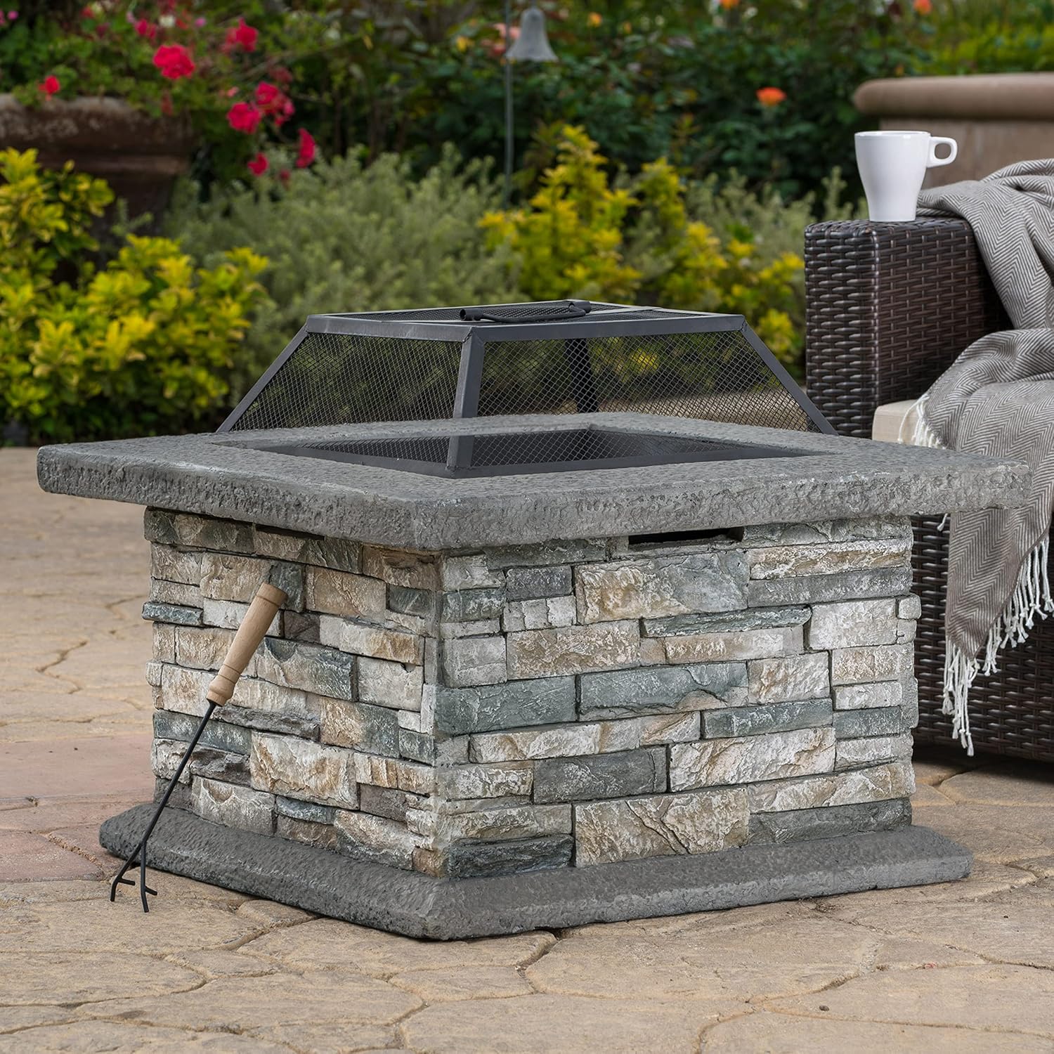 28 Inches Square Fire Pit in Stone Gray – Outdoor Wood Burning Fire Pit with Design, Durable Steel Construction, Patio, Backyard, and Camping (1 Doors)
