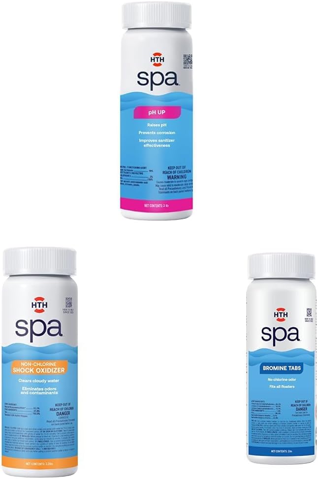 HTH Spa 86133 pH Up & Spa 86135 Non Chlorine Shock Oxidizer, Spa & Hot Tub Chemical Clears Cloudy Water, 2.25 lbs & Spa 86108 Bromine Tabs, Spa & Hot Tub Chemical Sanitizer, Fits All Floaters, 2 lbs