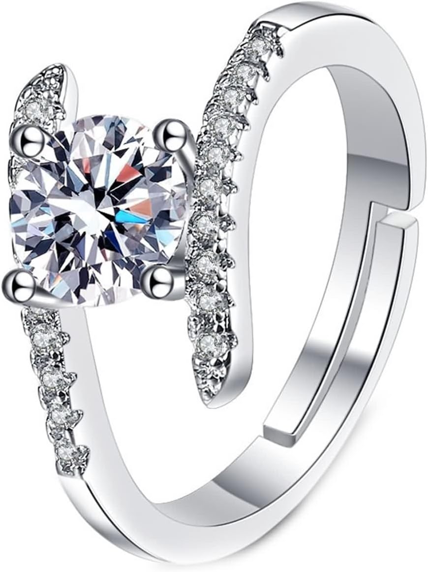 18 Karat White Gold Rings, Women Ring Lab Diamond 4 Prongs Silver Band Birthday Gift for Her