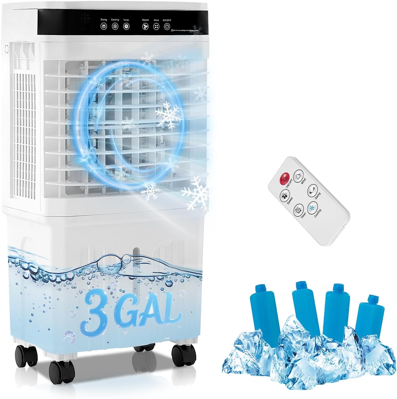 Swamp Cooler Portable Air Conditioners, 28” Evaporative Air Cooler with 3 Gallon Water Tank, 4 Ice Packs, 120°Oscillation Cooling Fan 2 Modes & 3 Speeds, 12H Timer for Home Outdoor Office Garage