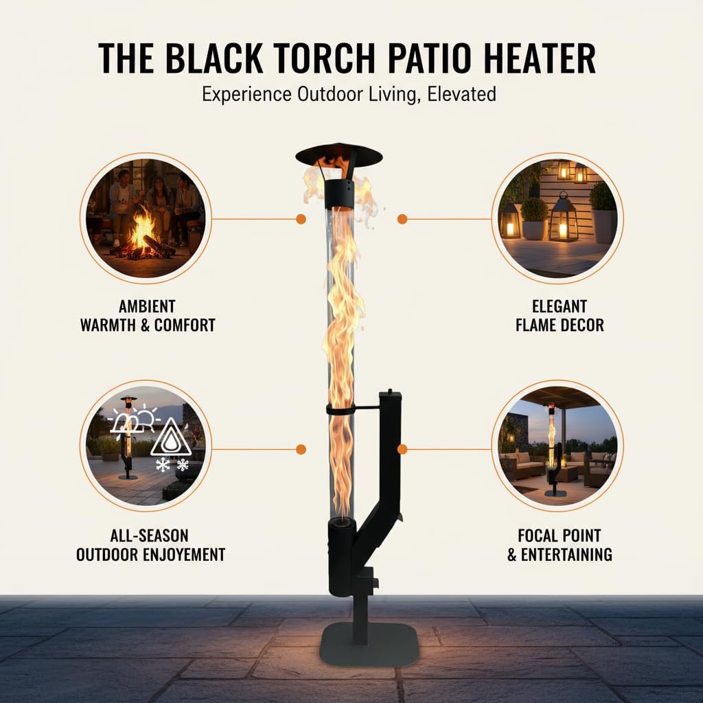 Wood Pellet Patio Heater for Outdoor, 70 Inch Pellet Fire Pit with Rain Cap, 2-Hour Burn Time, Outdoor Pellet Heater for Backyard, Deck, Camping, Matte Black