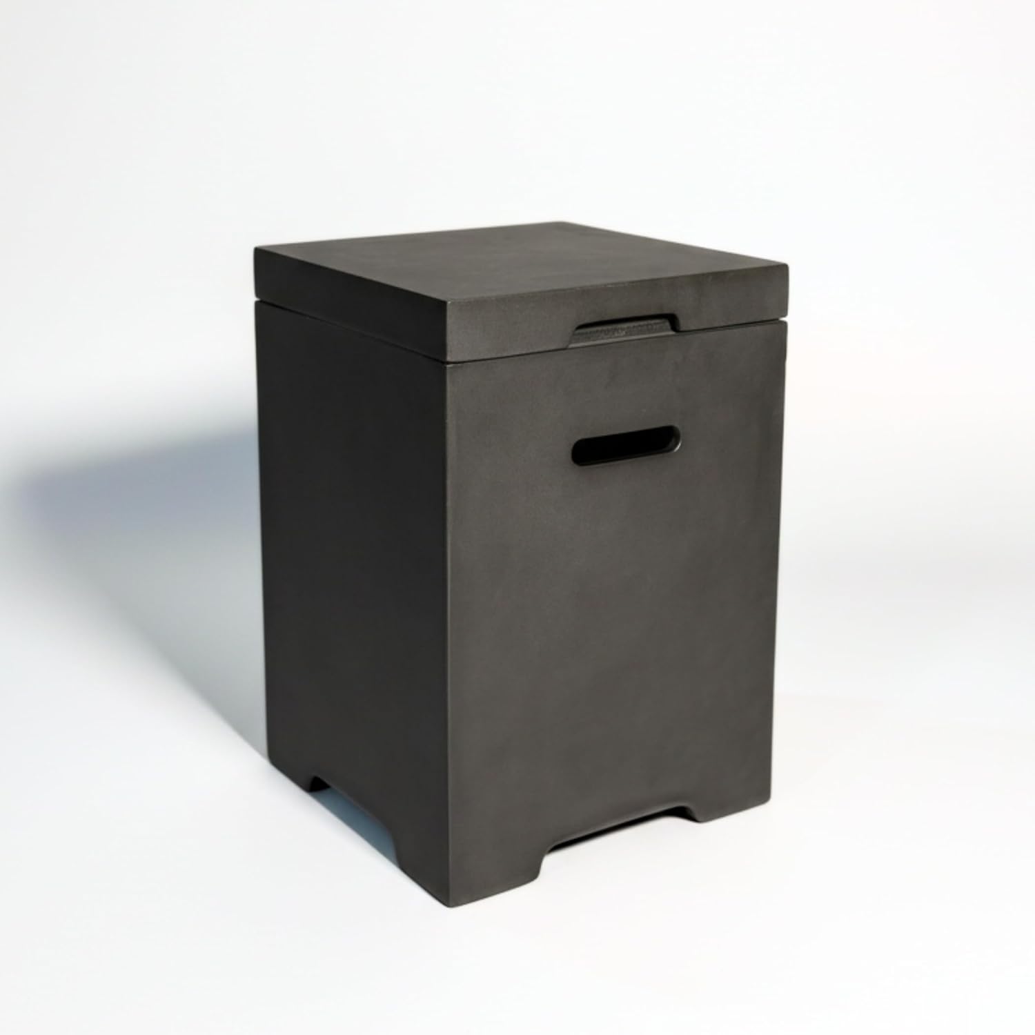 Concrete Propane Tank Cover with Functional Side Table Design, Dark Grey Lightweight Construction Hides 20LB Cylinders for Fire Pit and Griddle Setups While Providing Patio Table Space