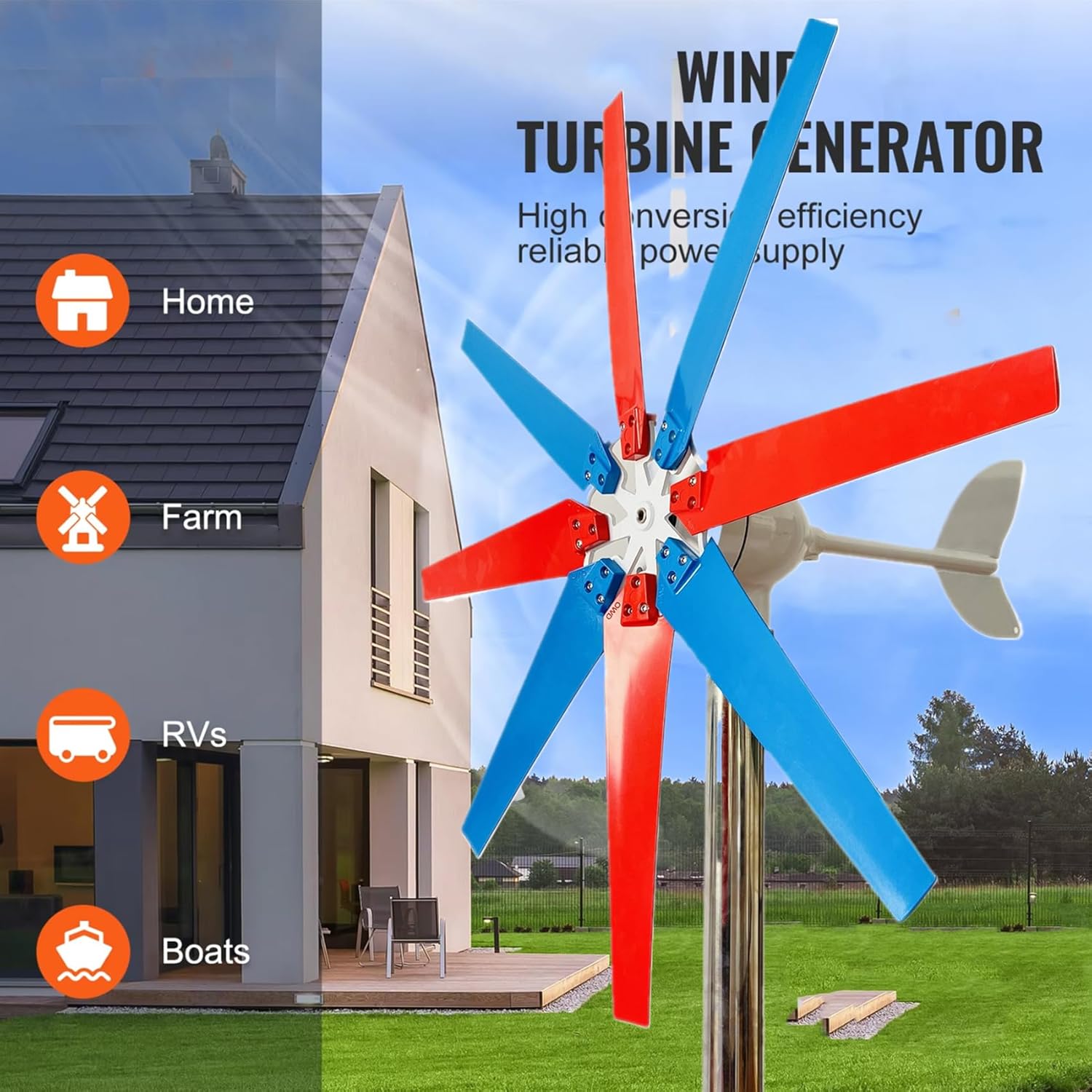 8 Blades Vertical Axis Wind Turbine Generator 3000W 12V 24V 48V Small Windmill Free Energy with Controller IP67 for Home Farm(Low Noise)