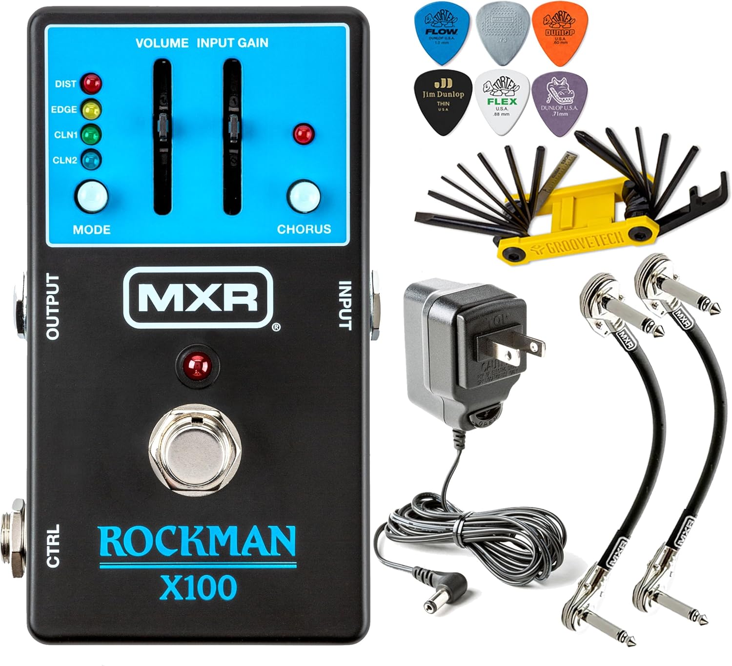MXR MX100 Rockman X100 Analog Tone Processor Effects Pedal Scholz Amp Reproduction with Tonebird Bundle Featuring Dunlop 9v Power Supply Groovetech Tool, Patch Cable and Picks