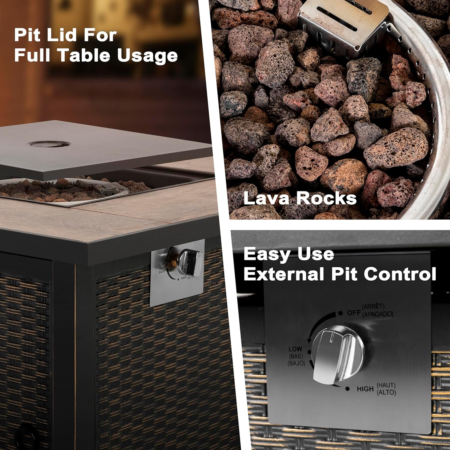 NUU GARDEN 5-Piece Fire Pit Table Set with 4 Textilene Dining Chairs for Patio Outdoor, 50,000 BTU Patio Metal Fire Pit, Lava Rocks and Lid for Backyard, Deck, Poolside, Garden