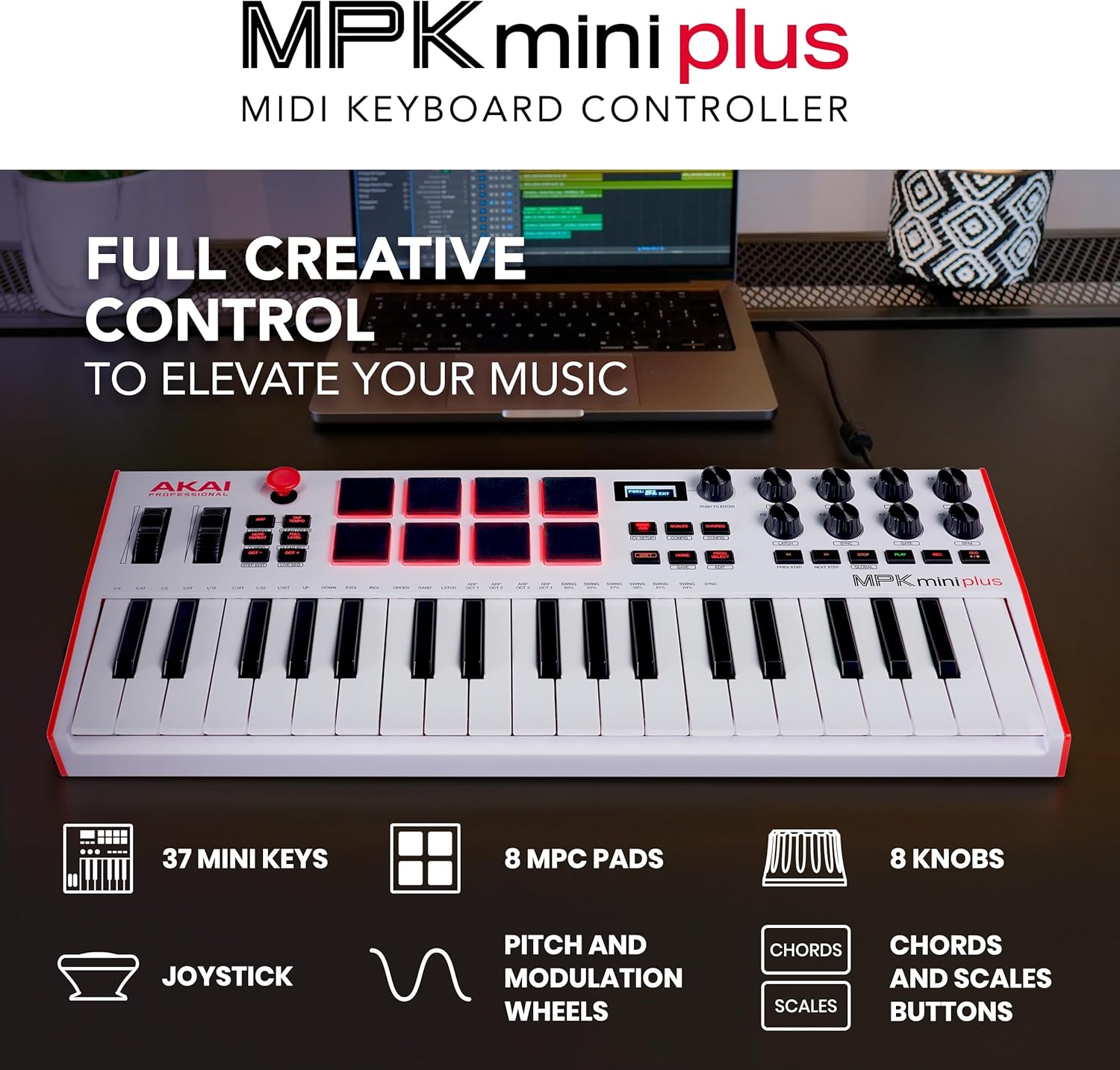 Akai Professional MPK Mini Plus - USB MIDI Keyboard Controller with 37 Mini Keys, 8 MPC Pads, Sequencer, MIDI/CV/Gate I/O and Native Instruments Sound Package, White Limited Edition