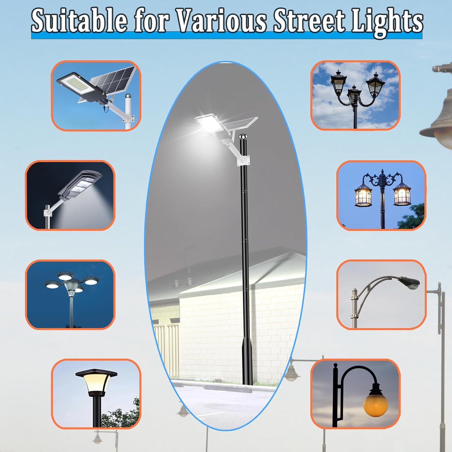 20Ft Tall Street Light Pole - Outdoor Metal Split Heavy Duty Street Lamp Post for Outside Large Solar Street Lights with Mounting Rebar Cage Base Accessory for Parking Backyard Patio Yard