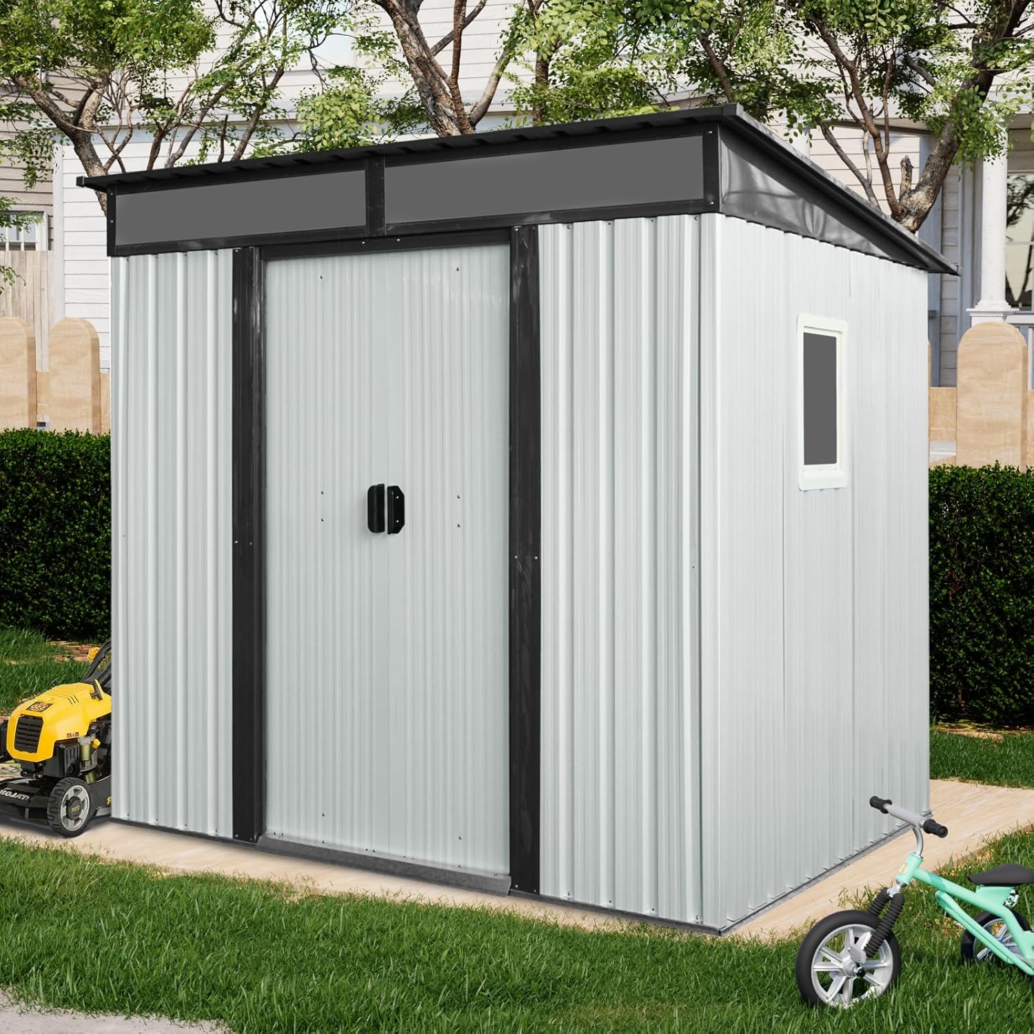 6x5 ft Outdoor Metal Storage Shed with Floor Floor and Window, Lockable Galvanized Steel Tool Shed with Sliding Door, Air Vent and Transparent Plate, Waterproof Garden Storage House for Backyard