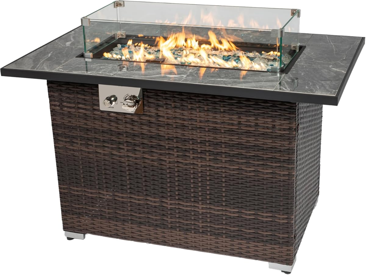 44 Inch Propane Fire Pit, Outdoor Fire Pit Table, 50000 BTU Rectangular Gas Fire Pits with Tile Tabletop and Beautiful Wicker Base for Outside Patio Deck Garden, Brown