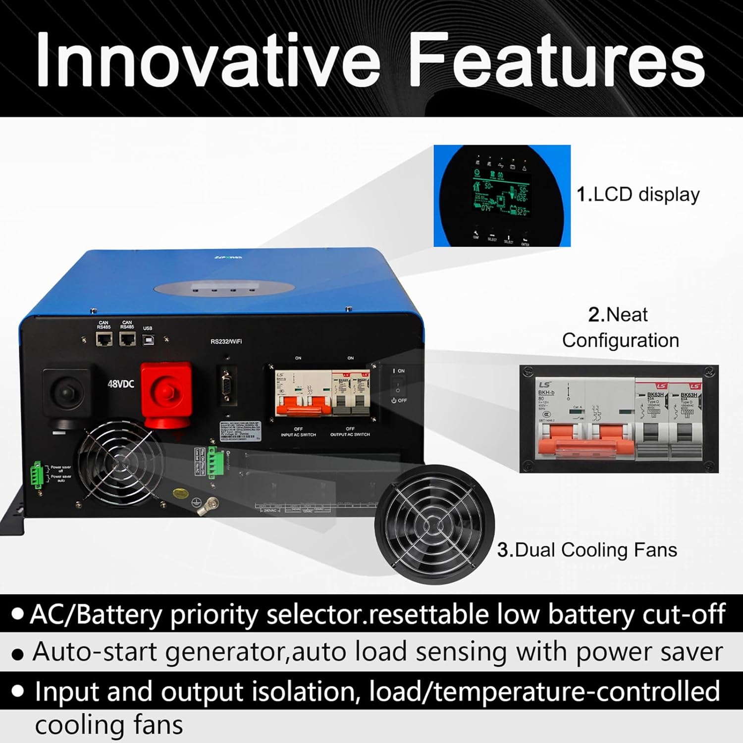 UL1741 48V Inverter 12KW Solar Hybrid Off Grid 110/220Vac Low Frequency DC 48V AC Input 240V AC Output 120V/240V Split Phase Pure Sine Wave Converter with 2x80A MPPT Charger Controller 12000W