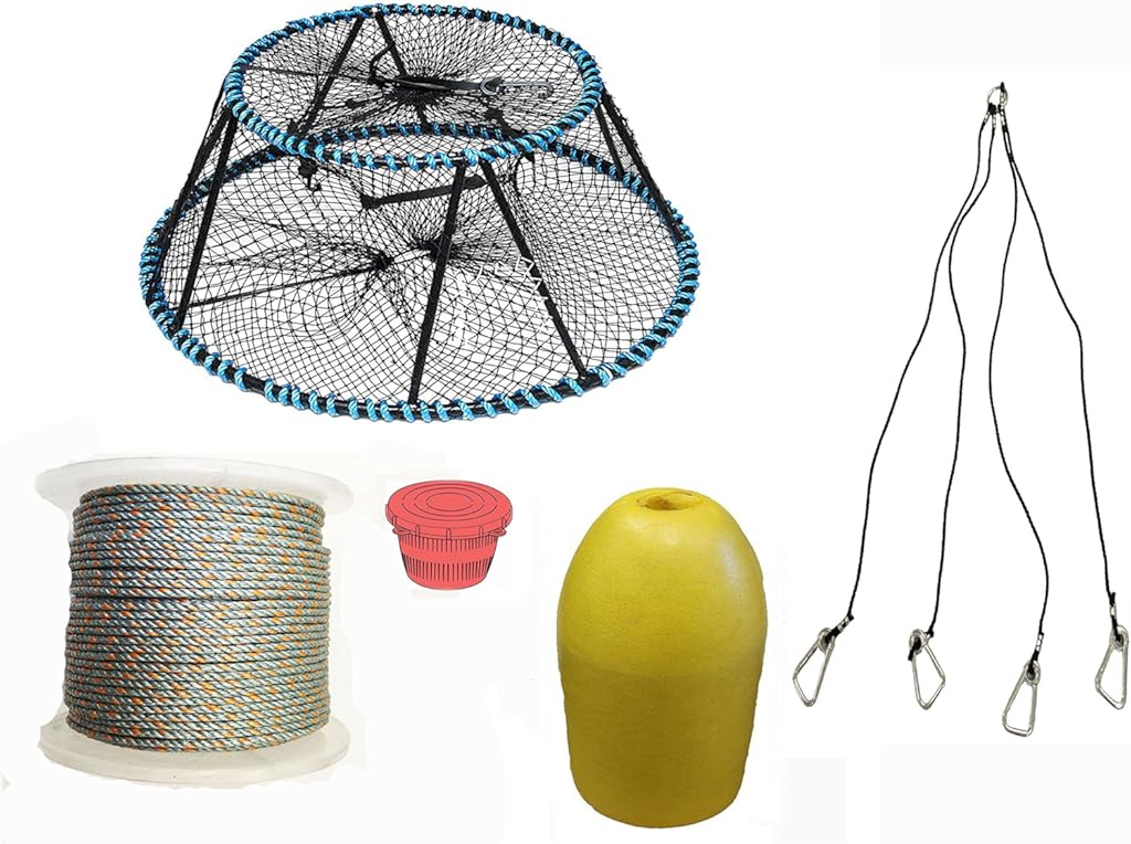 KUFA Sports Tower Style Prawn Trap with 400' Rope, Yellow Float, Vented Bait Jar & Harness Combo (CT130+PAL1+HA5)