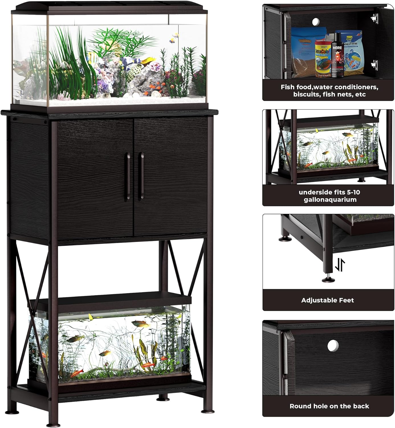 5-10 Gallon Fish Tank Stand, Metal Double Aquarium Stand with Cabinet for Fish Tank Accessories Storage, Heavy Duty 20.5