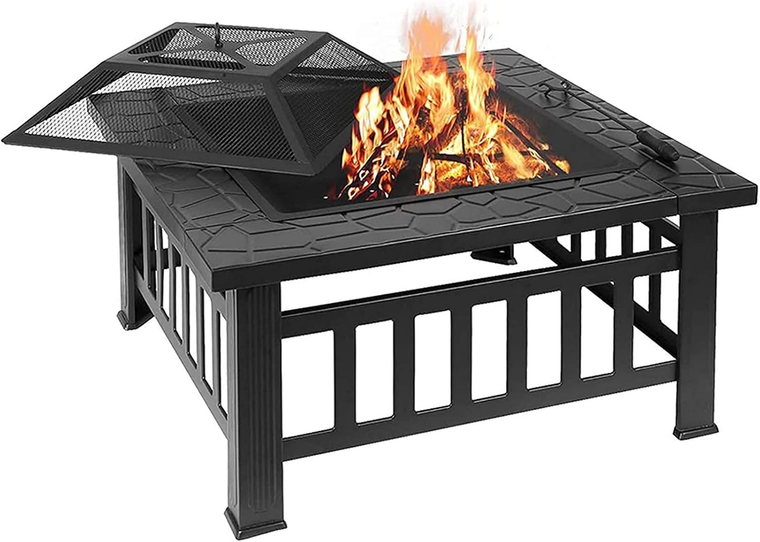 Outdoor Fire Pit, Square Metal Firepit Table, Wood Burning Stove BBQ Table, Ice Pit, Heater, Suitable for Backyard Garden Camping Party