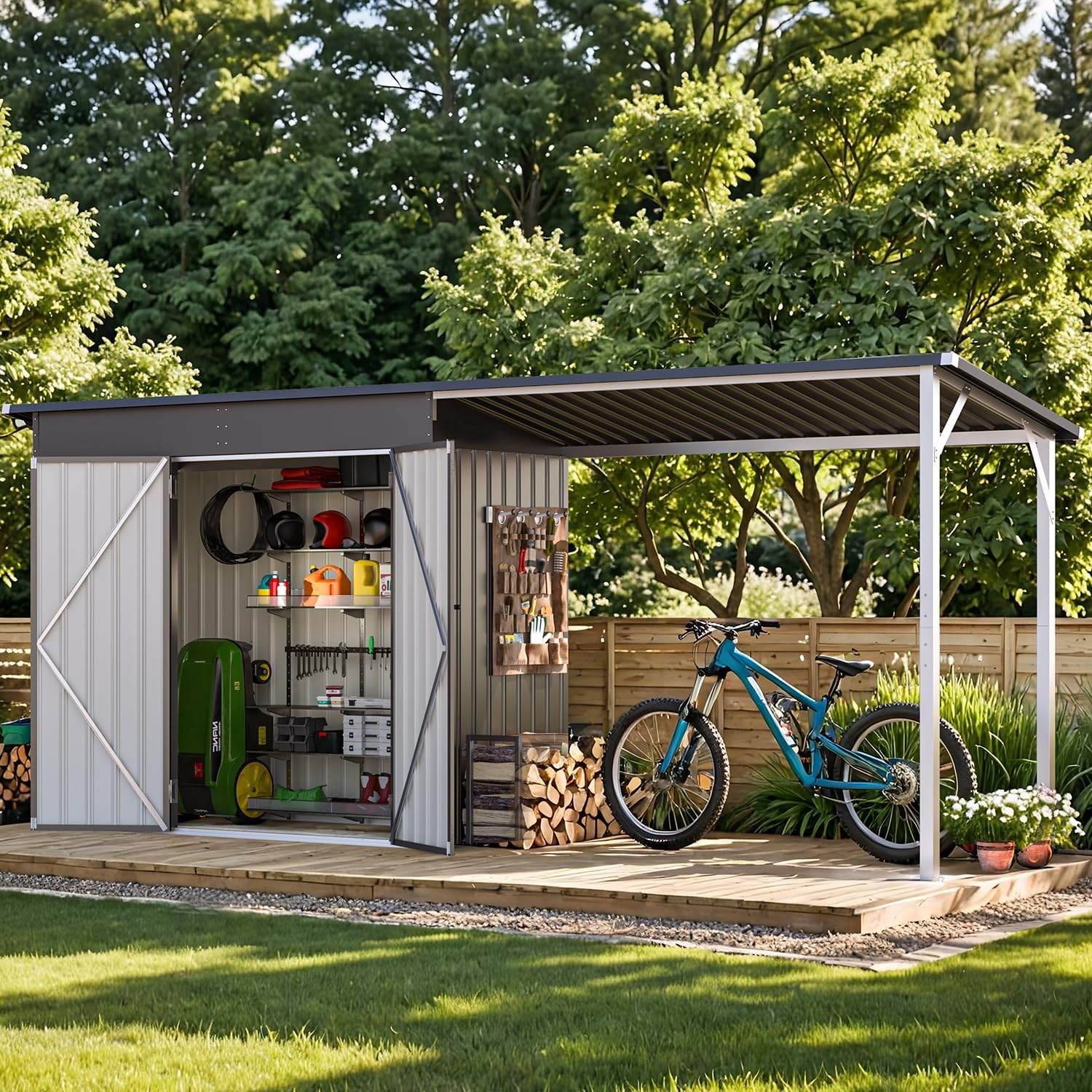 AECOJOY 14x4FT Metal Lean to Shed with Open-Sided Pergola, 4'x8' Outdoor Storage Shed & 6'x4' Attached Hardtop Gazebo Combo, 56 Sq.Ft Covered, 2-in-1 Small Sheds & Outdoor Storage for Patio, Backyard