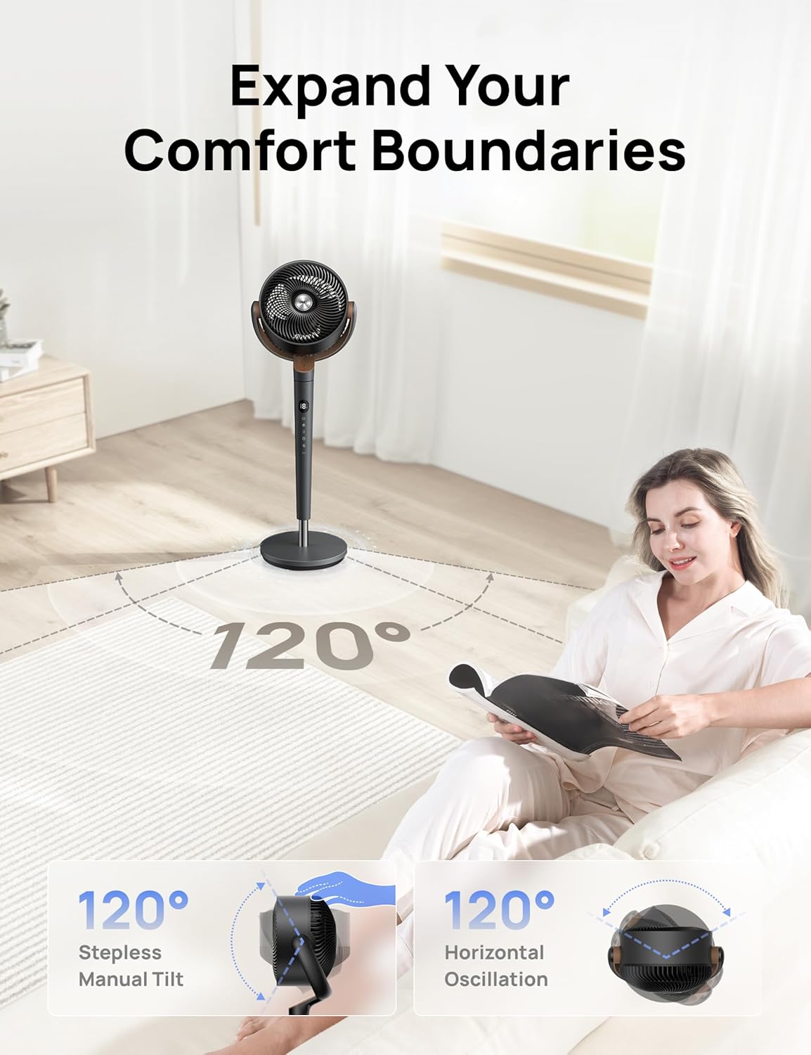 Dreo Fan for Bedroom, 120° Oscillating Standing Fans, Quiet Floor Fan with DC Motor, 100ft Pedestal Fans for Room, 9 Speeds, 4 modes, 20dB, 120° Manual Vertical, 37-42