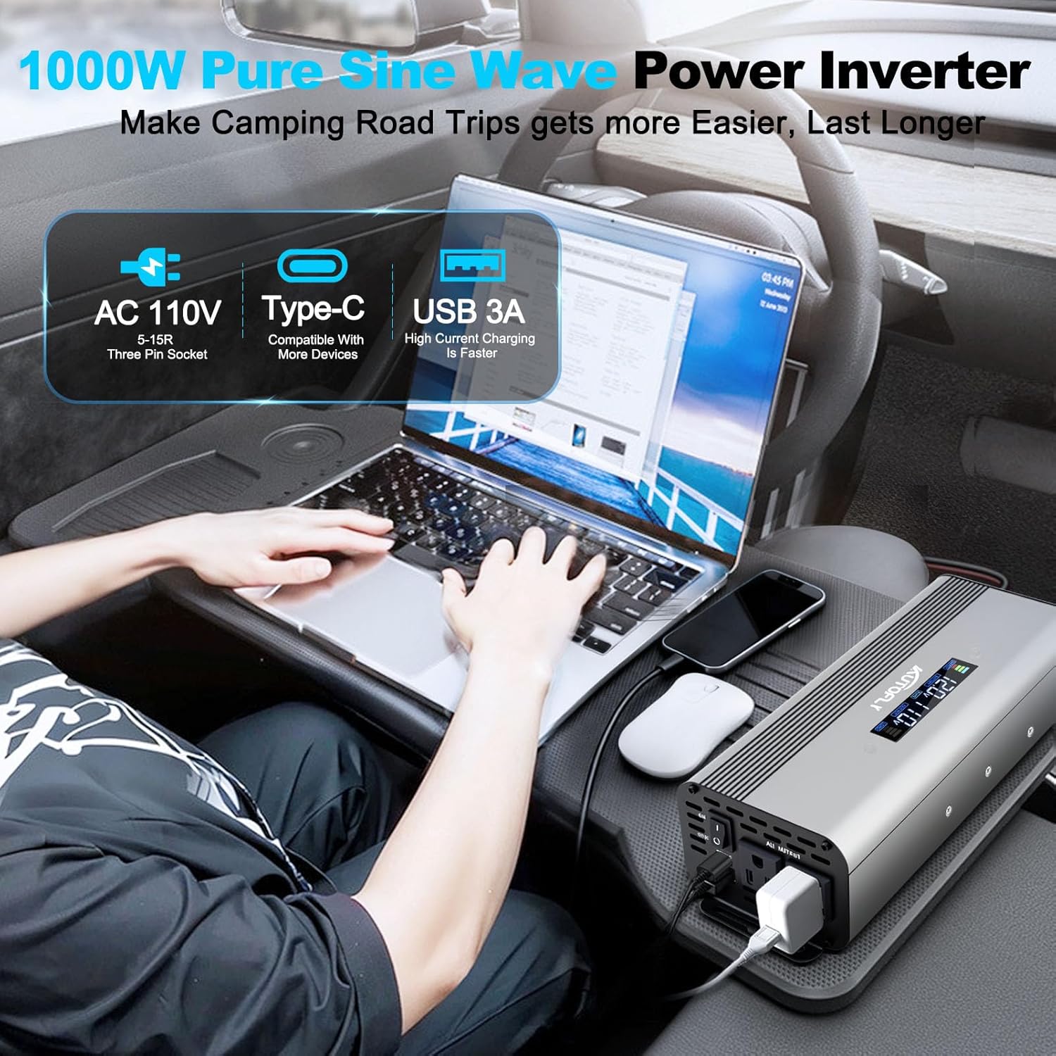 1000W Pure Sine Wave Power Inverter DC 12V / 24V to AC 110V(2 Outlets), 2000 Watt Peak Power, Car Charger Plug Inverter Adapter Converter with Type-C & USB Charging Ports LCD Smart Screen