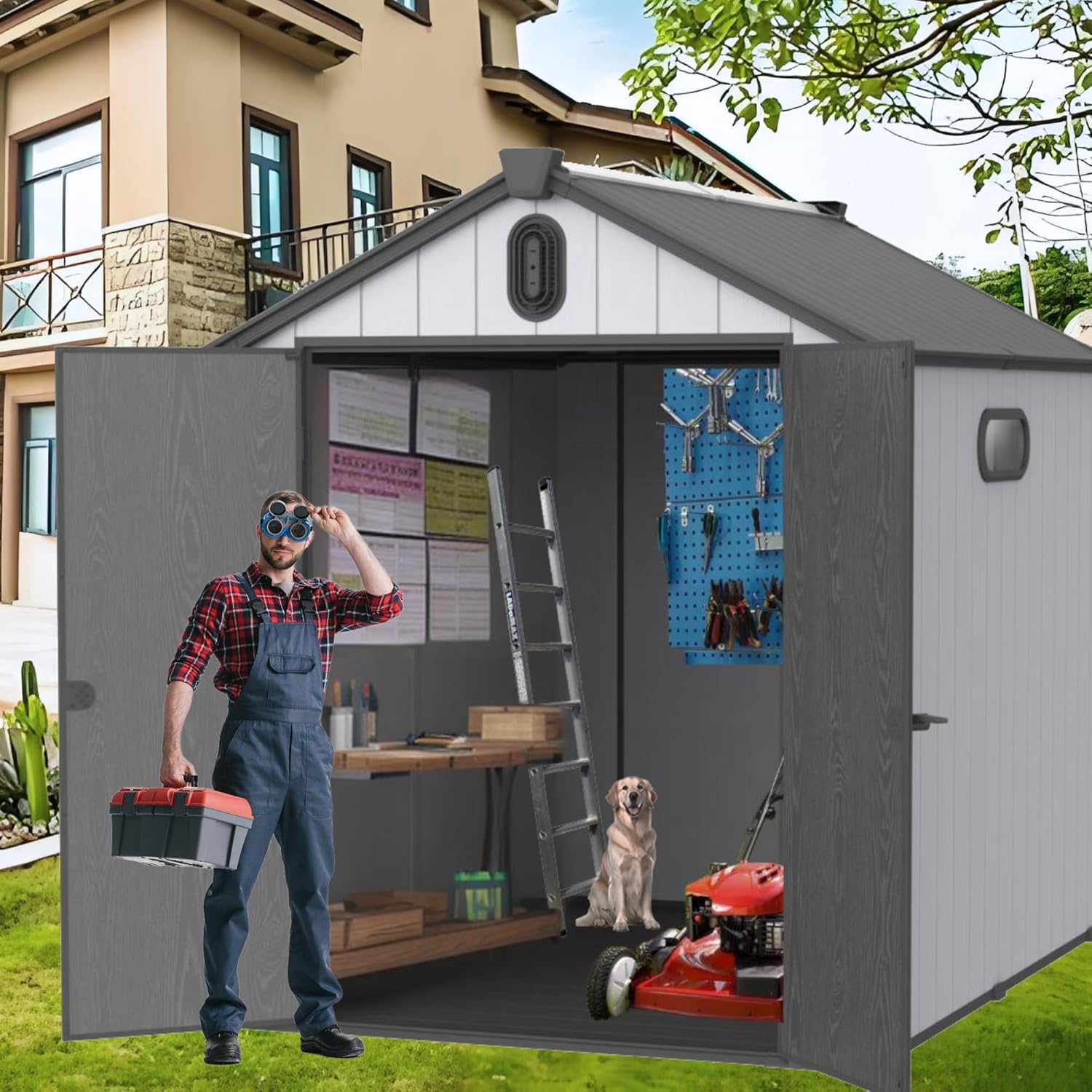 6x8 FT Outdoor Storage Shed with Hinge Door,Window & Air Vent,Outdoor Plastic Tool House W/Waterproof Tilted Roof,Heavy Duty Stroage Unit for Backyard,Patio,Lawn,Garden,Grey+Black