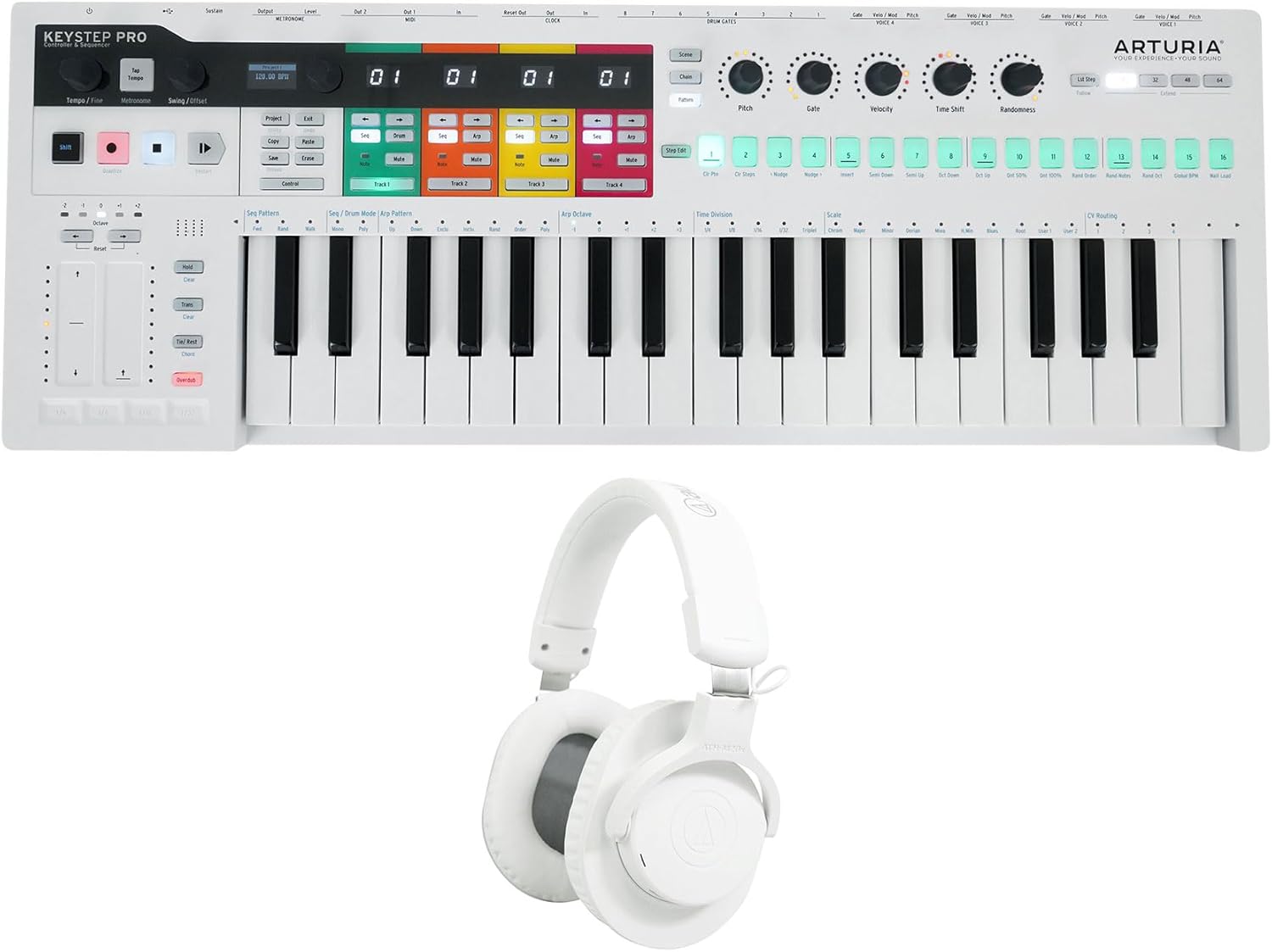 Audiosavings Bundle: Arturia Keystep Pro Sequencer 37-Key Midi USB DJ/Recording Keyboard Controller Bundle with Audio Technica ATH-M20xBTWH White Bluetooth Wireless Headphones - 40MM Drivers (2 Items)