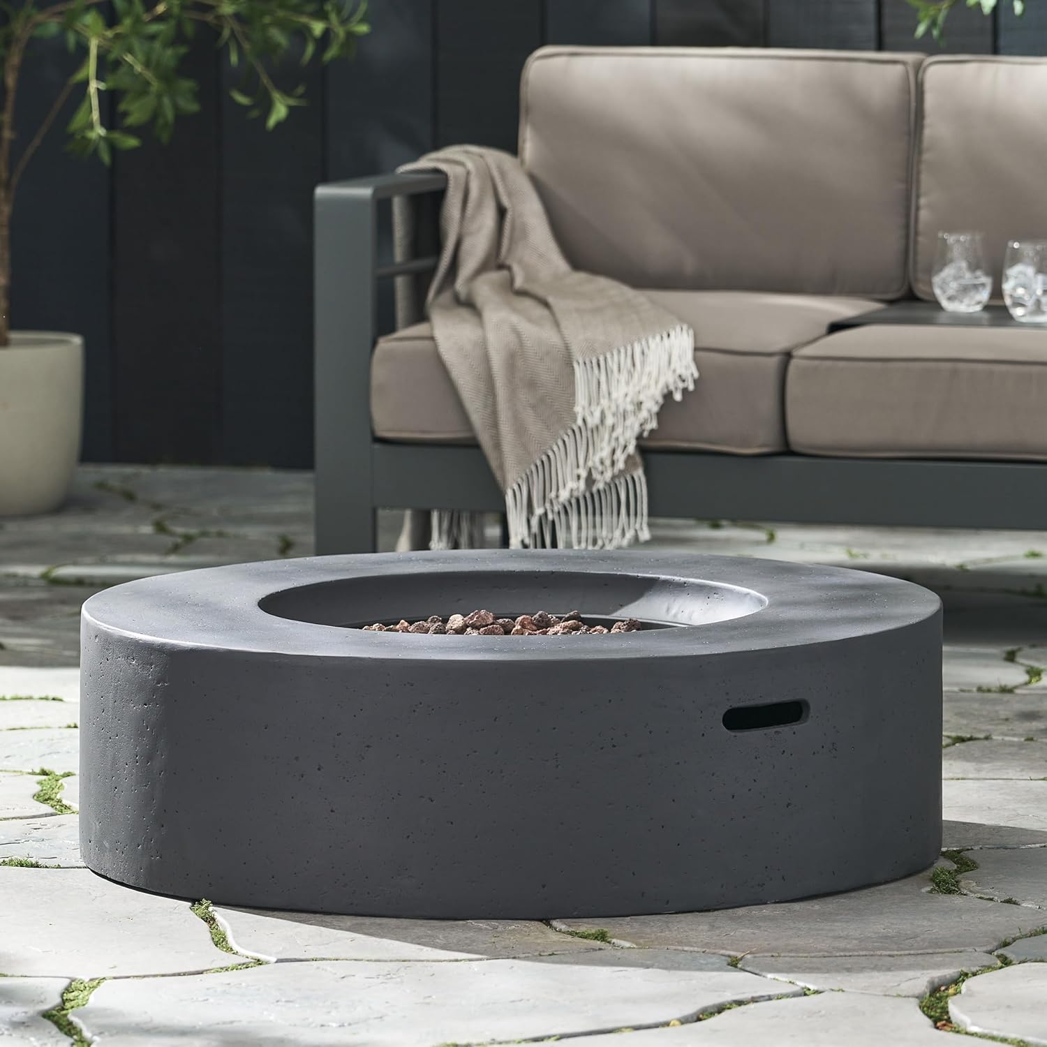 Lightweight Concrete Outdoor Fire Pit – Dark Gray, 50,000 Btu, Portable Durable, Patio, Backyard, Camping (Tank Cover Not Included) (Dark Grey)