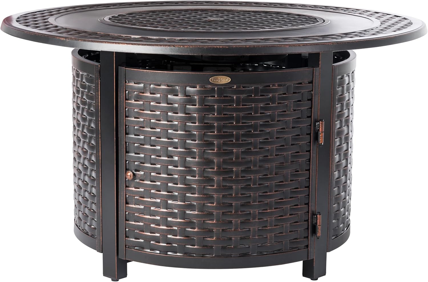 Bellante Woven Aluminum Convertible Gas Fire Pit Table 55,000 BTU Multi-Functional Outdoor with Fire Bowl Lid, Nylon Weather Cover & Clear Fire Glass - Bronze Finish - Round - 44