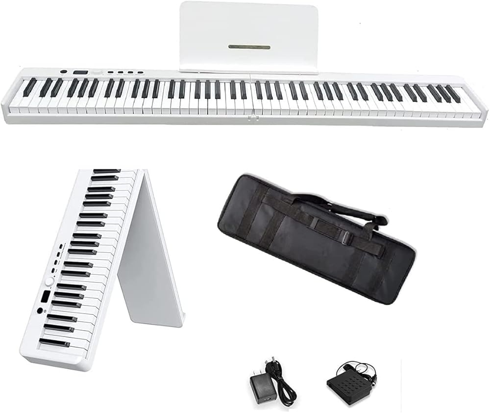 Beginner Foldable Digital Piano 88 Key Full Size Semi Weighted Keyboard, iMeshbean Portable Electric Piano with Pedal, Piano Bag (White)