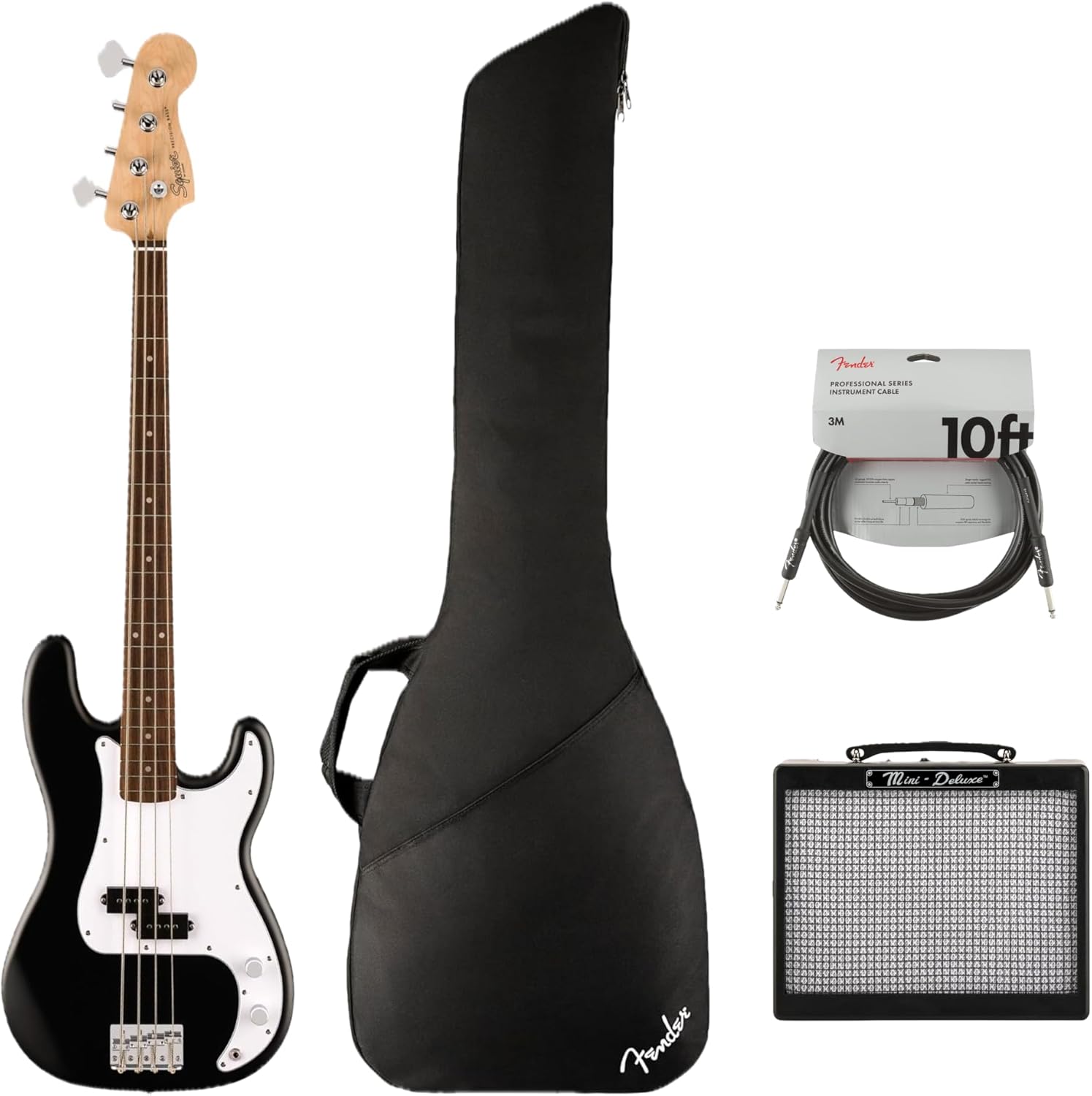 Fender Squier Debut Series Precision Bass Guitar, Beginner Electric Bass with Matte Finish, Black + Gig Bag + Mini Deluxe Amp + 10ft Cable