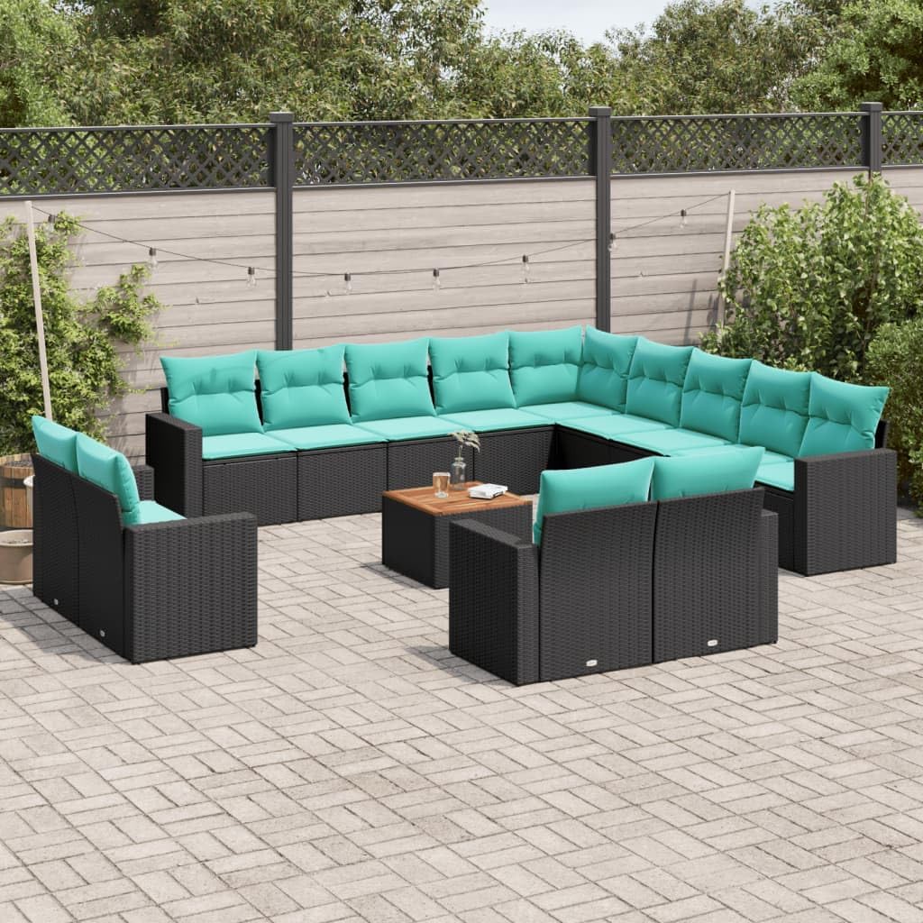 14 Piece Patio Sofa Set, Black Poly Rattan Outdoor Sectional Furniture with Acacia Wood Table, Storage, Blue Cushions, UV-Proof for Garden, Backyard