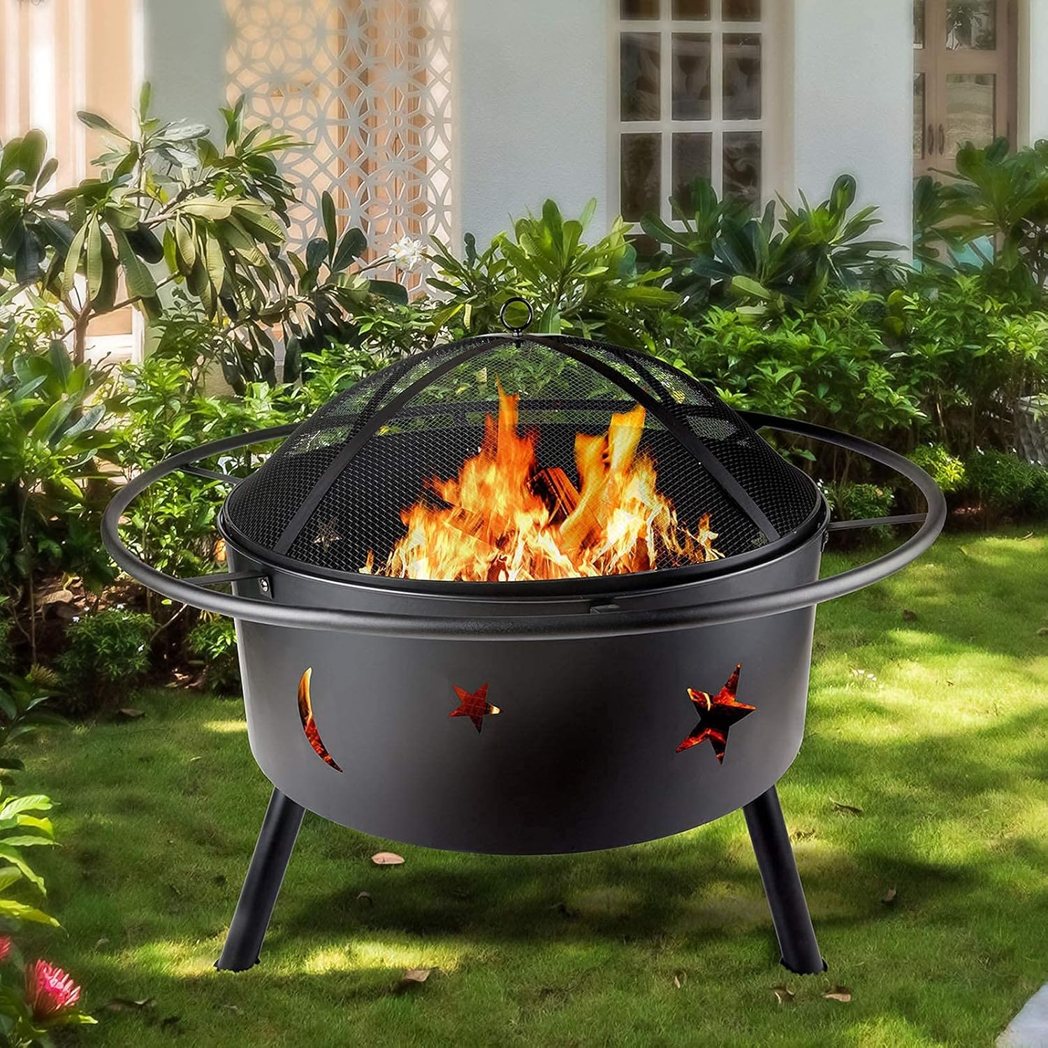 Fire Pit for Outdoor Garden Patio with BBQ Grill Shelf Barbecue Brazier Fire Bowl with Spark Protection Mesh, Extra Includes Poker and Cover