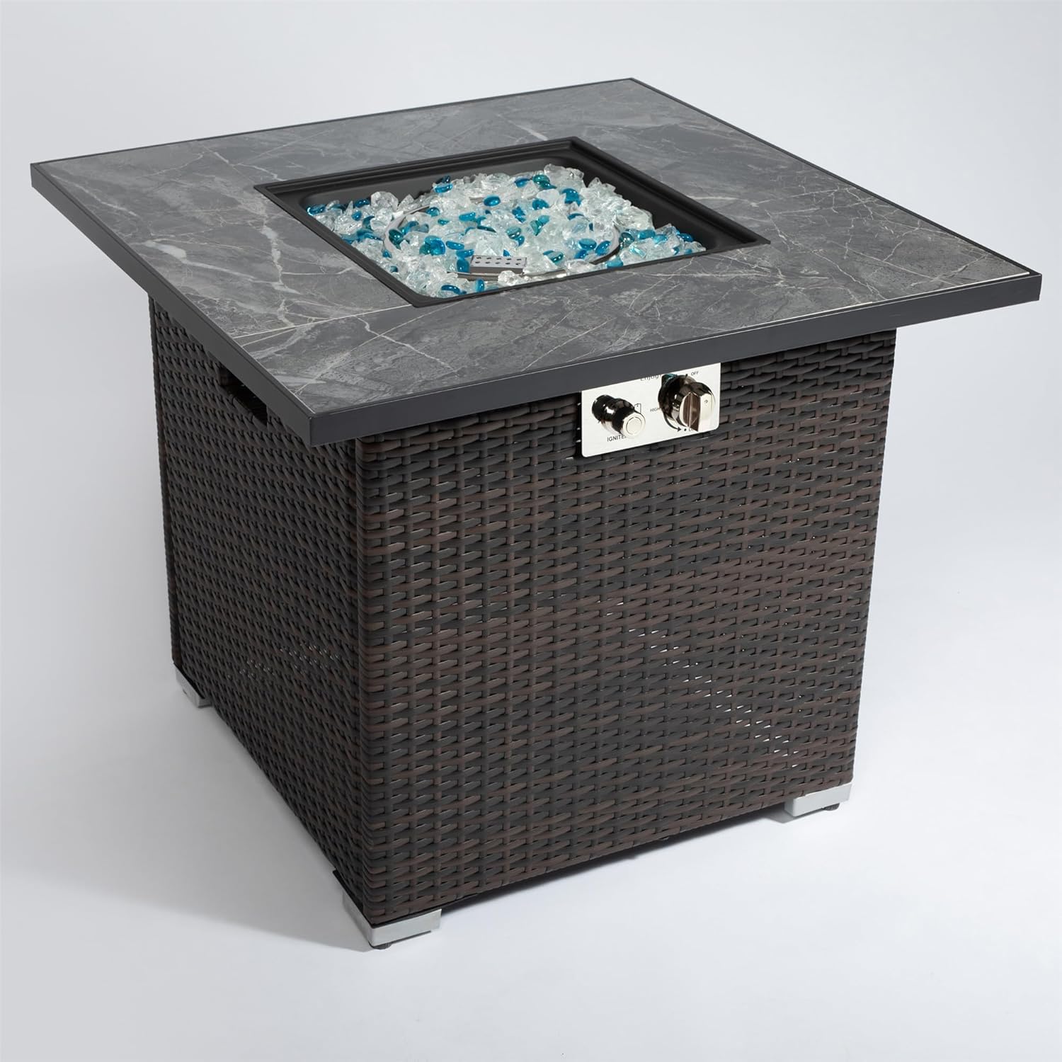 Deluxe Outdoor Fire Table, 30-inch Propane Gas Pit with Ceramic Tile Tabletop and Rattan Wicker Body, Includes Lid, 40000 BTU Heat Output, Electronic Ignition, with Glass Rocks and Rain Cover