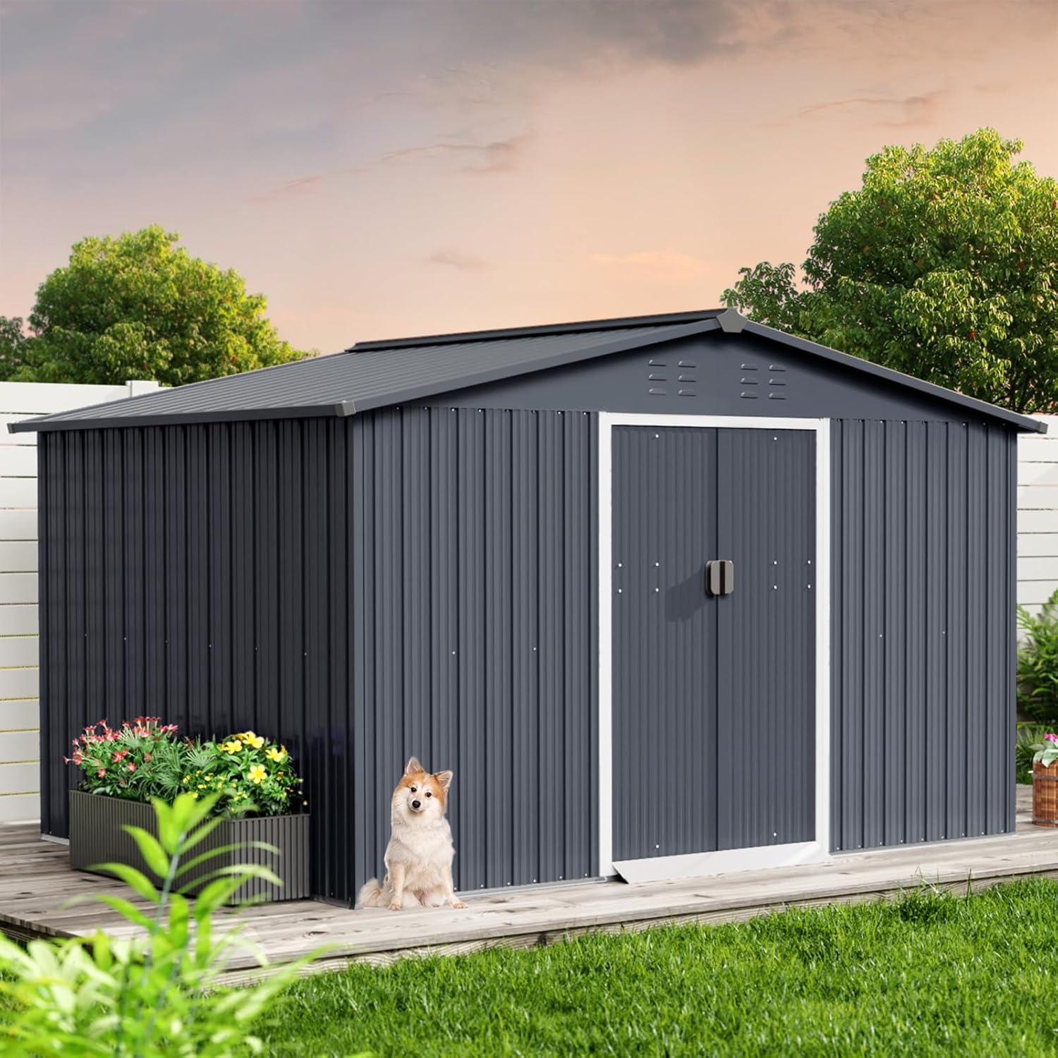 GarveeLife 10x8 FT Metal Outdoor Storage Shed, Gray, Steel, Modern, Storage Sheds