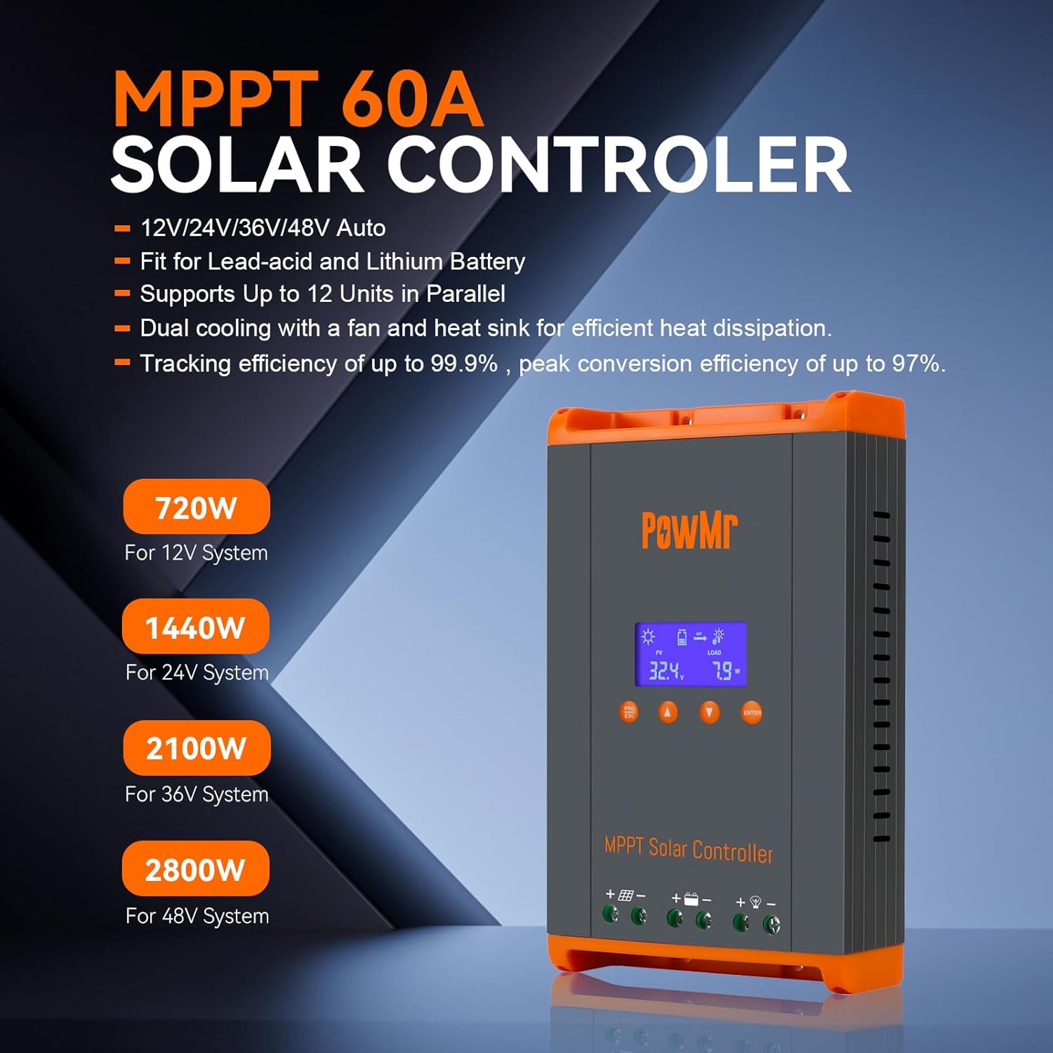 60A MPPT Solar Controller 12V/24V/48V Auto Support 12(Max) Parallel & 10AWG Solar Extension Cable 30 Feet