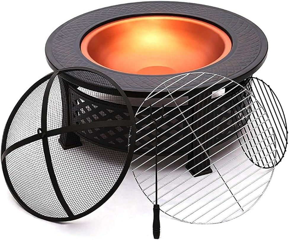 3 in 1 Garden Fire Pit with Grill Shelf Multifunctional Fire Pit for Heating/Ice Pit Patio Heater Garden Terrace Fire Bowl Round Metal Fire Basket with Waterproof