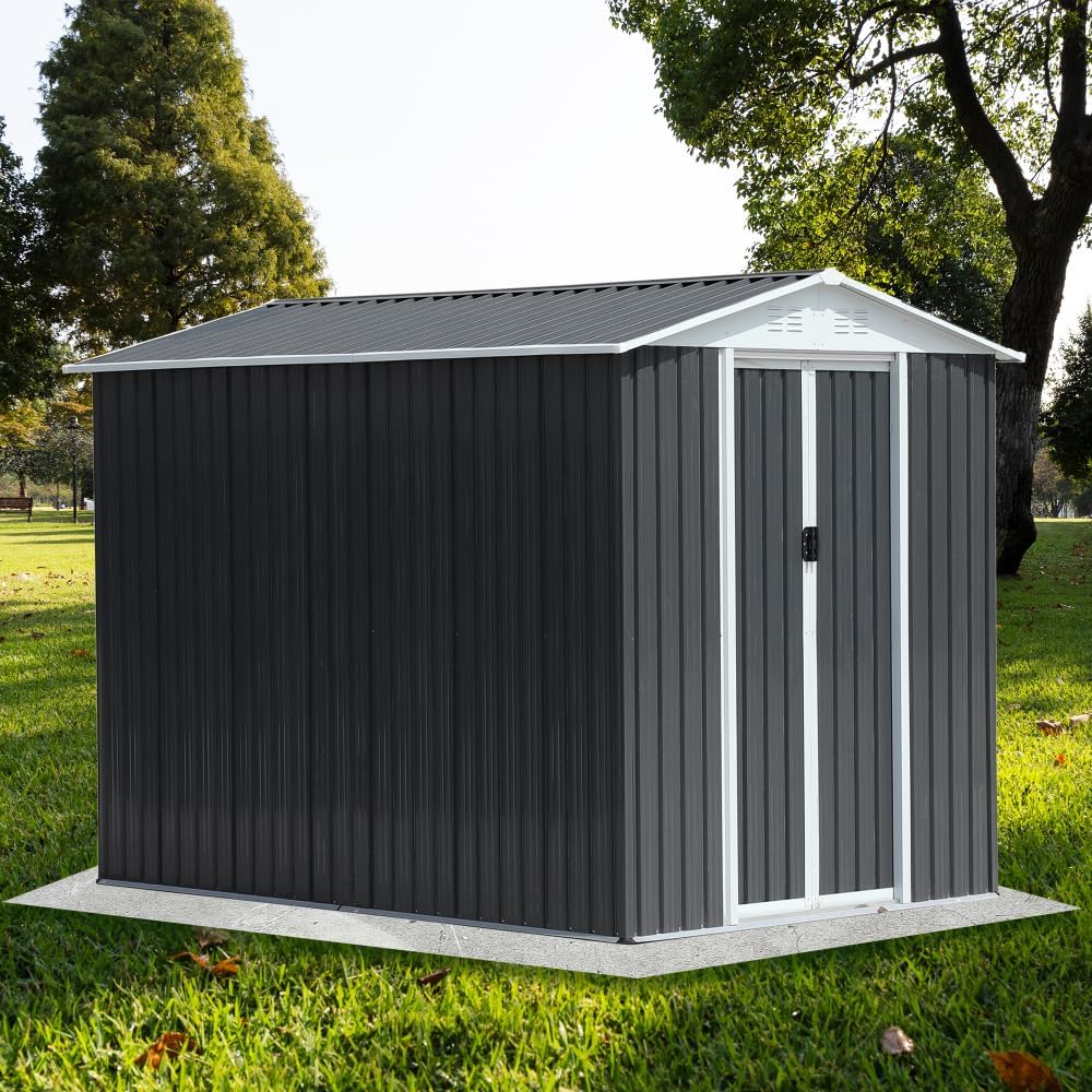 8FT x 6FT Garden shed with Apex Roof for Patio Backyard use Galvanized Steel Metal Sheds Storage House (6x9 Grey Apex Roof)