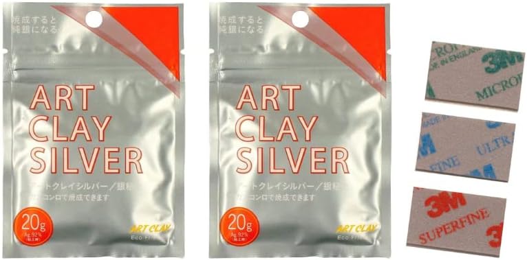 Art Silver Clay for Jewelry Making 20g A-0274 Set of 2 Including 3 Sand Papers. Clay for Rings, Necklaces and Other Accessories