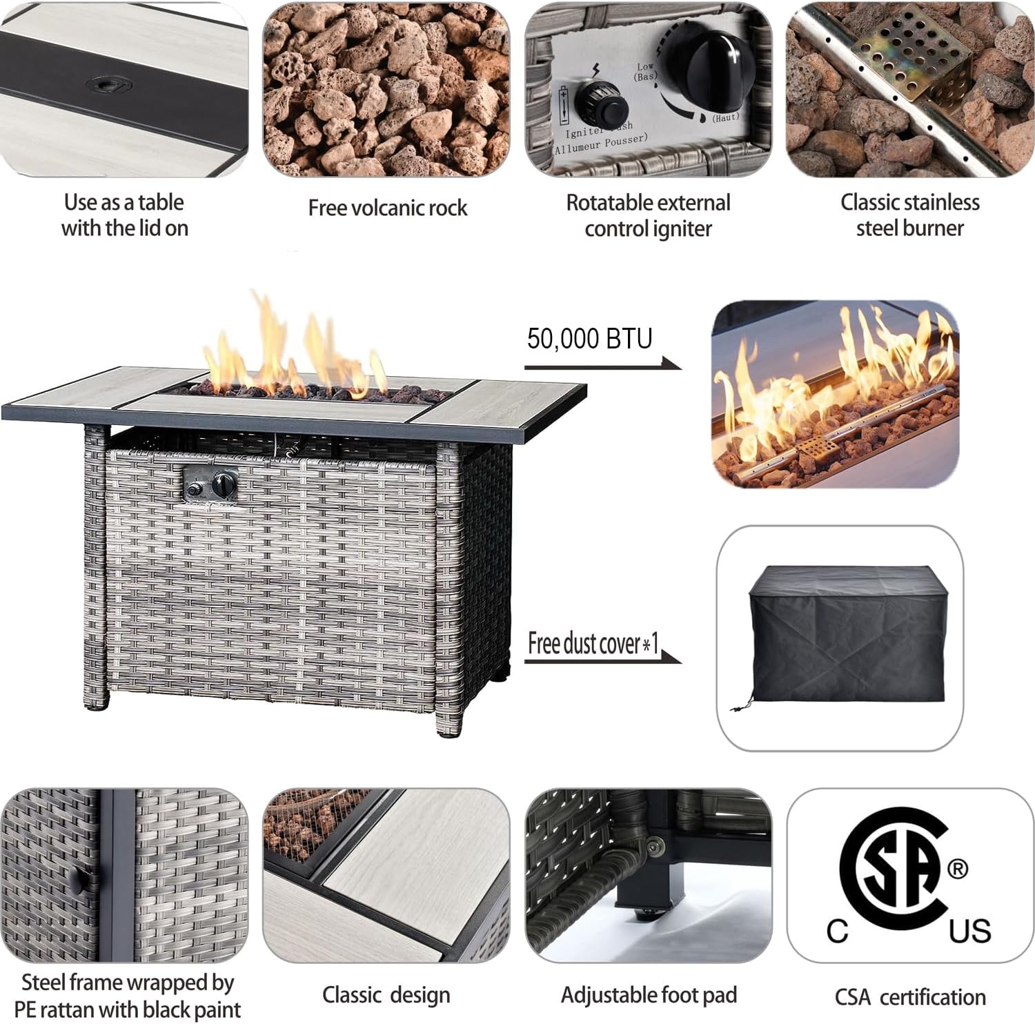 HOOOWOOO Patio Outdoor Furniture Sectional Couch Set with Propane Fire Pit Table,13 Piece Wicker Weather Resistant Conversation Set,Modern Corner L Shaped Modular Sofa Set for Yard(Orange Red)