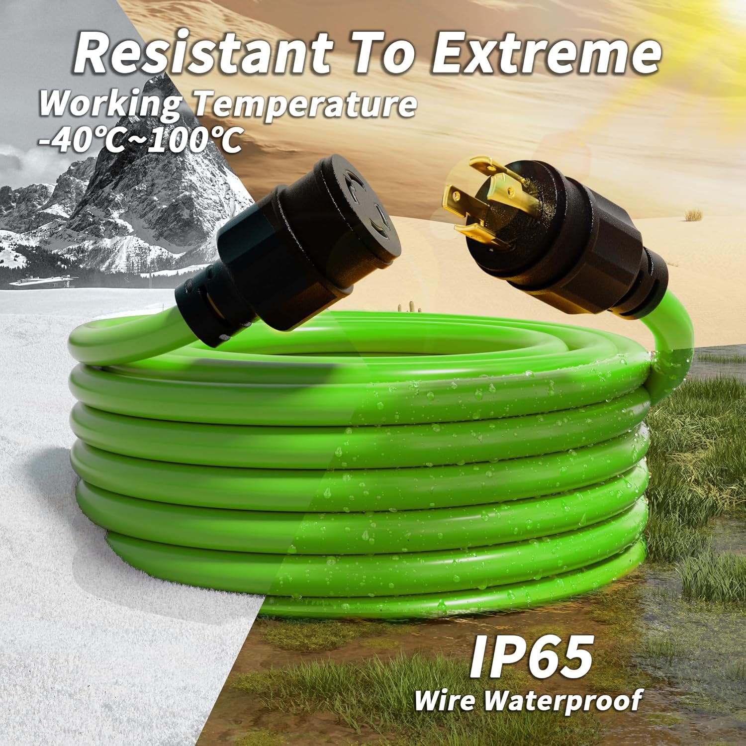 75FT 30 Amp Generator Extension Cord 4 Prong, NEMA L14-30P/L14-30R 10 Gauge STW 125/250V Twist Lock Generator Cord Heavy Duty, Green ETL Listed