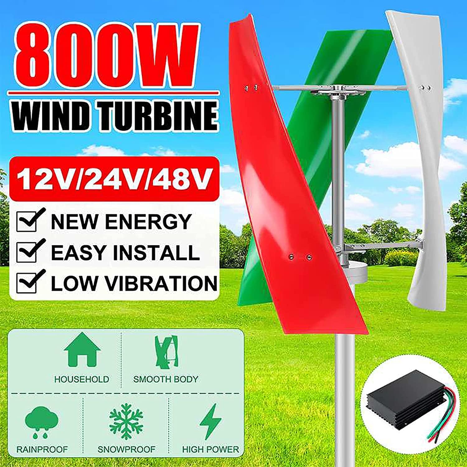 800W Vertical Axis Wind Turbines Generator with MPPT Controller Lantern 3 Blades Motor Kit Energy Windmill