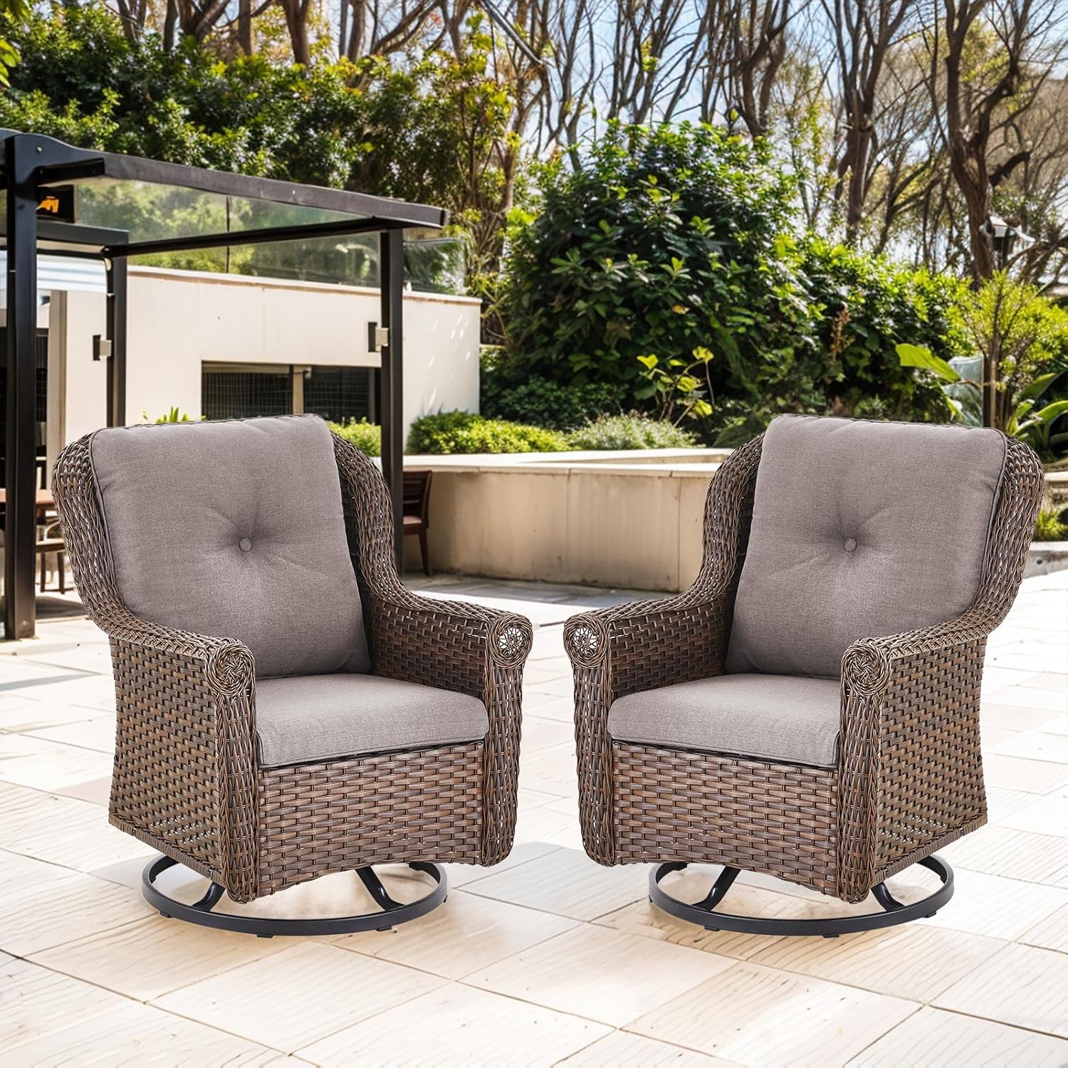 Patio Resin Wicker Furniture Set with Fire Pit Table, 4PCS PE Rattan Conversation Set with Outdoor Fire Table, Brown Wicker Swivel Patio Chairs with Loveseat and Propane Fire Table