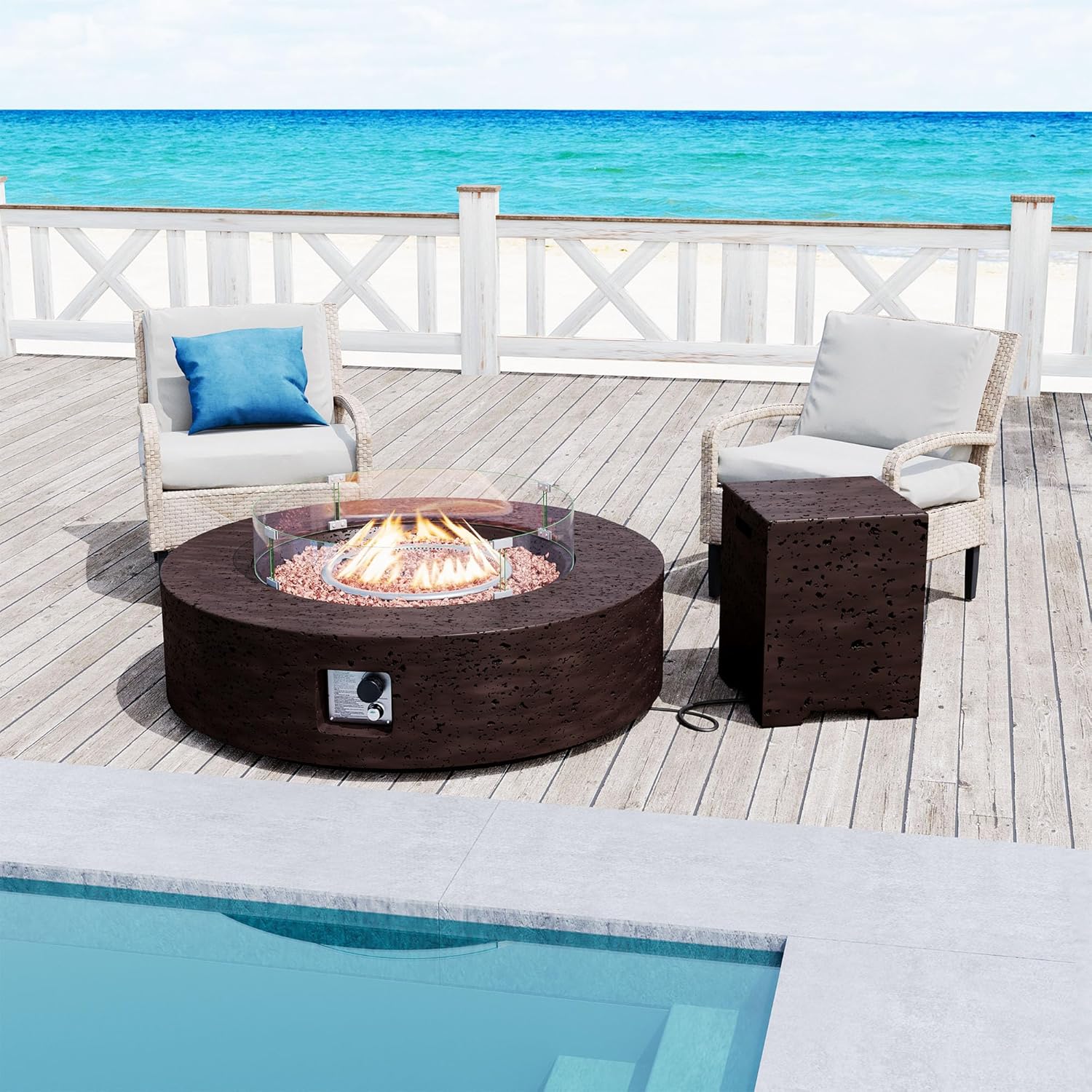 SUNBURY 42in Round Propane Outdoor Fire Pit, Gas Patio Fire Table, CSA Certified, 50,000 BTU Circular Base Firepit with Lava Rocks, Wind Guard, Propane Tank Cover, Waterproof Cover (Brown)